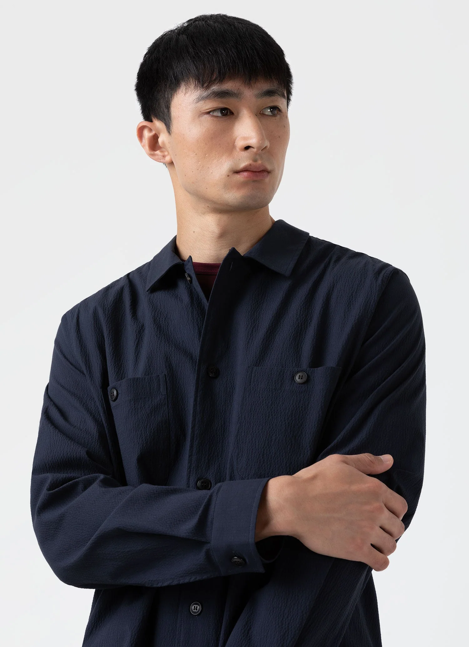 Men's Seersucker Overshirt in Navy - Image 6