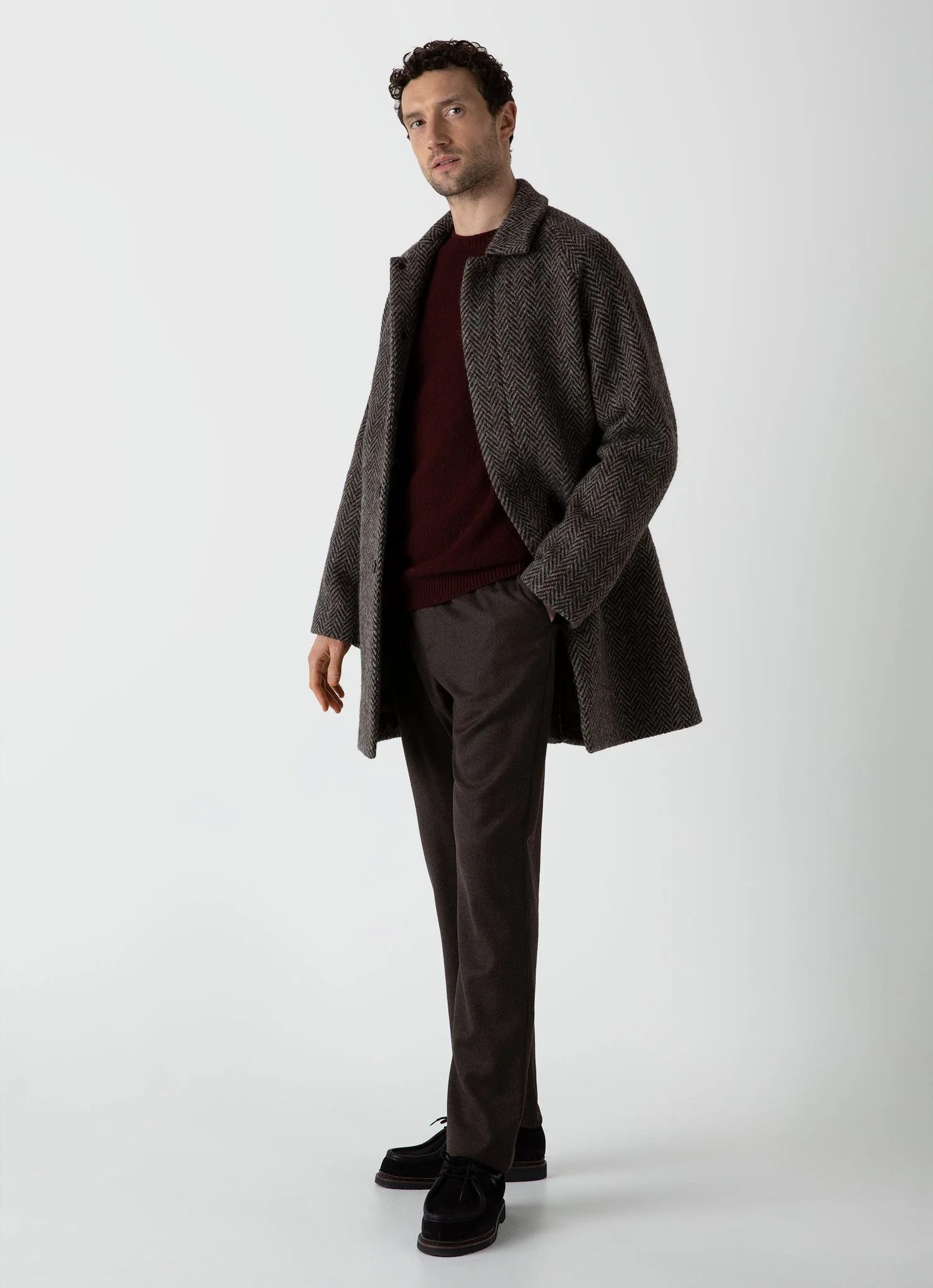 Men's British Wool Car Coat in Brown Herringbone - Image 3