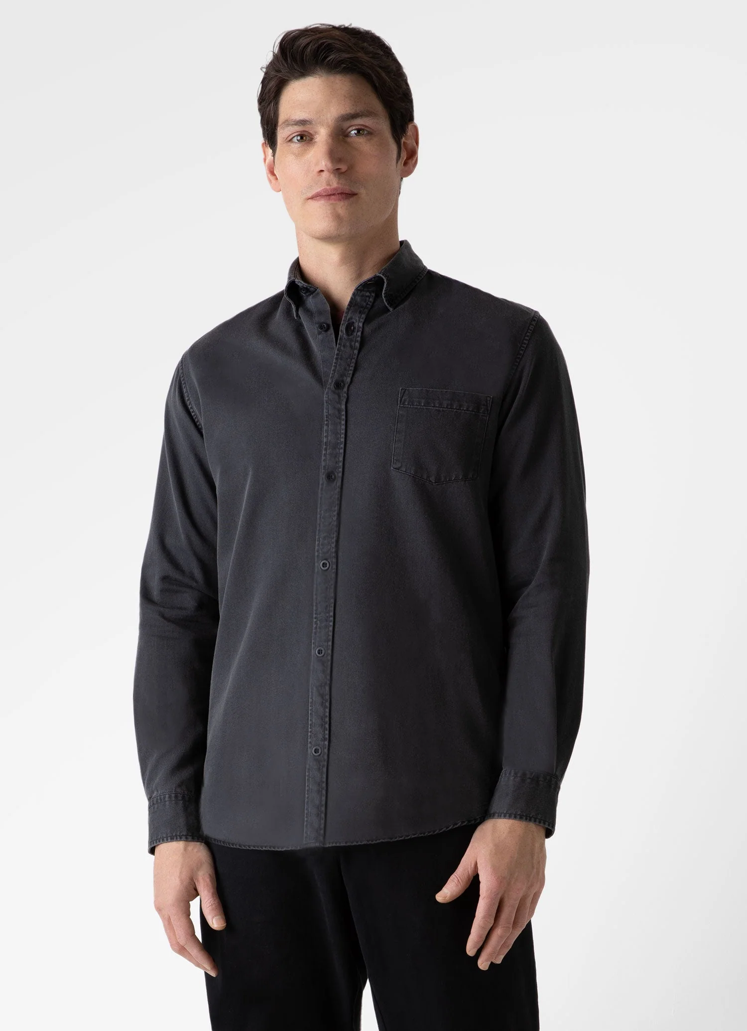 Men's Button Down Denim Shirt in Black Denim Wash - Image 2