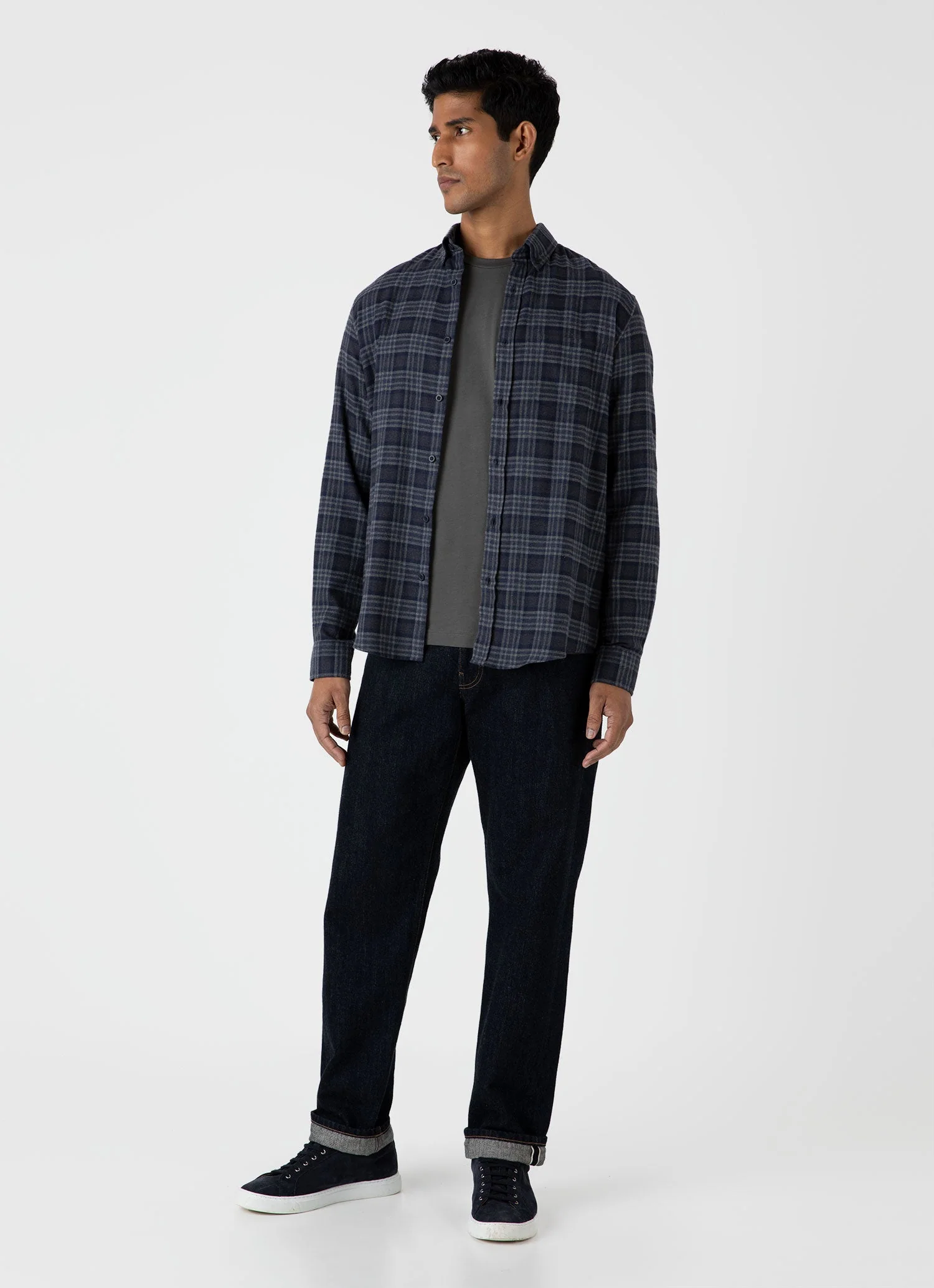 Men's Button Down Flannel Shirt in Navy Check - Image 3
