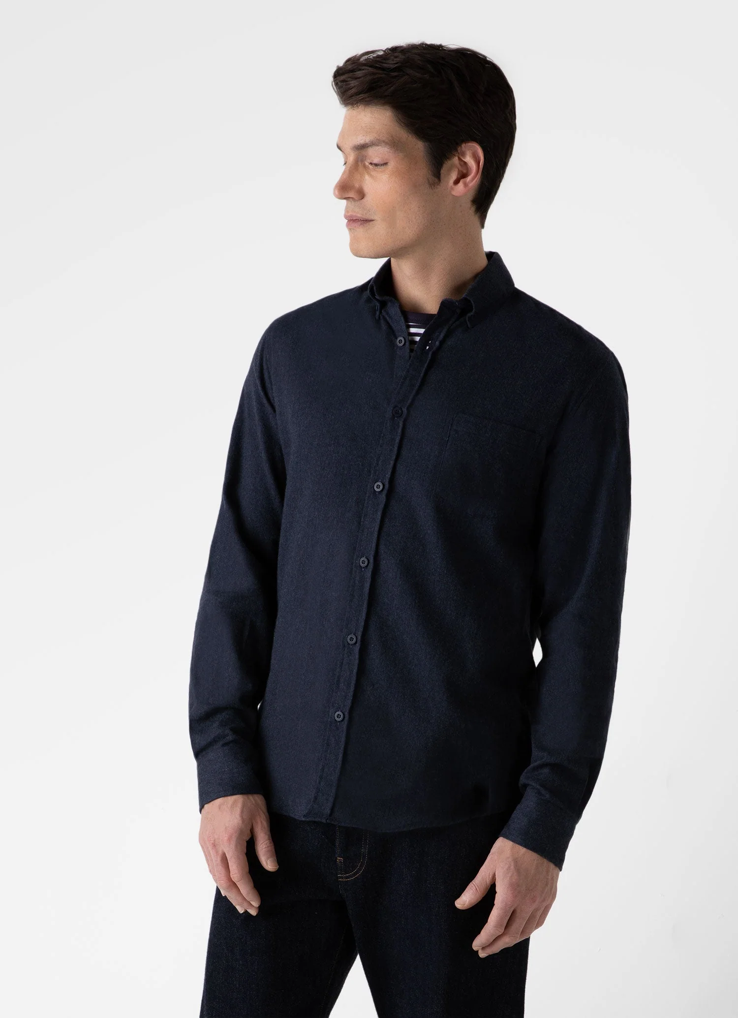 Men's Button Down Flannel Shirt in Navy Melange - Image 2