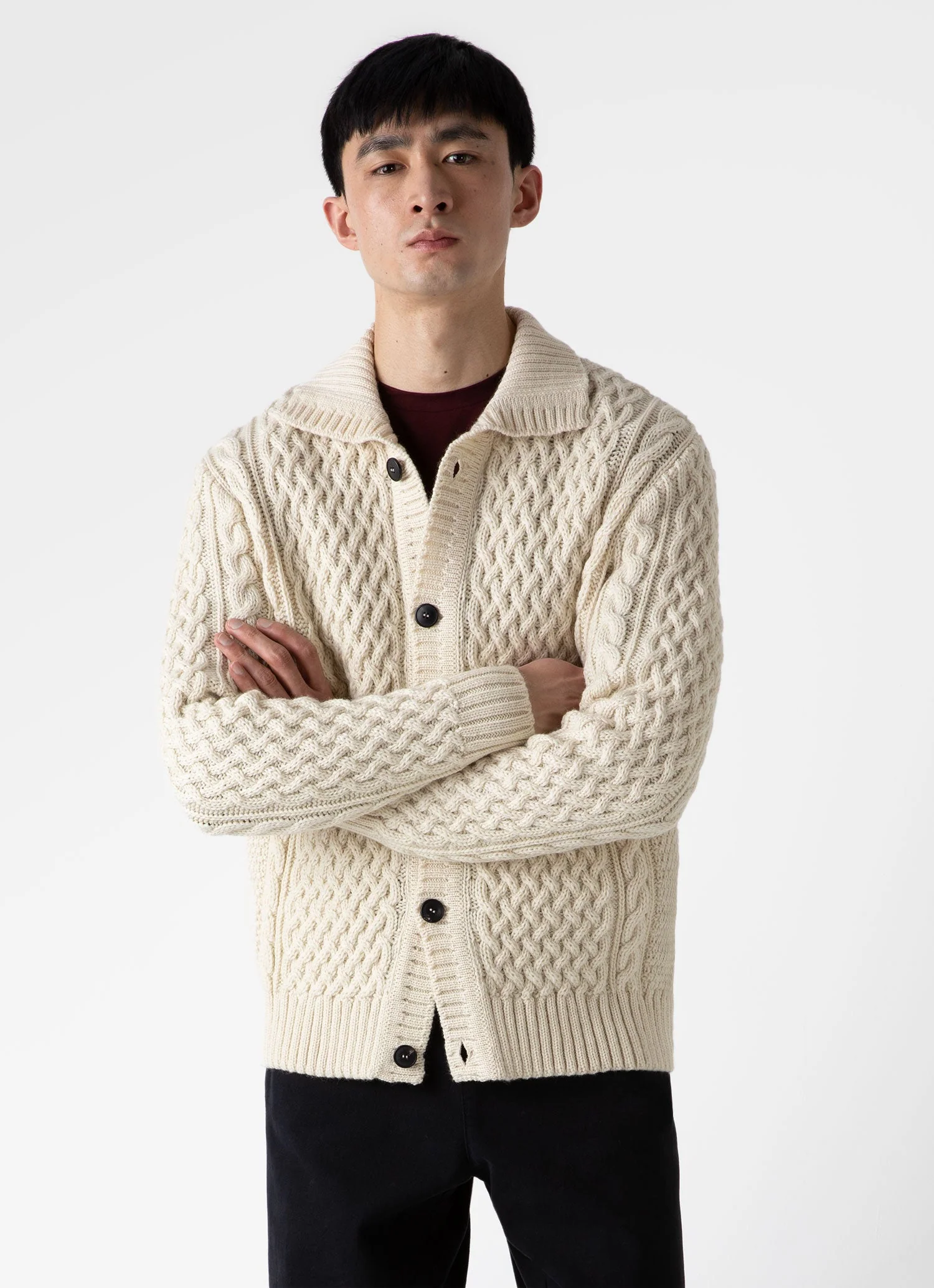 Men's Cable Knit Cardigan Jacket in Ecru - Image 2