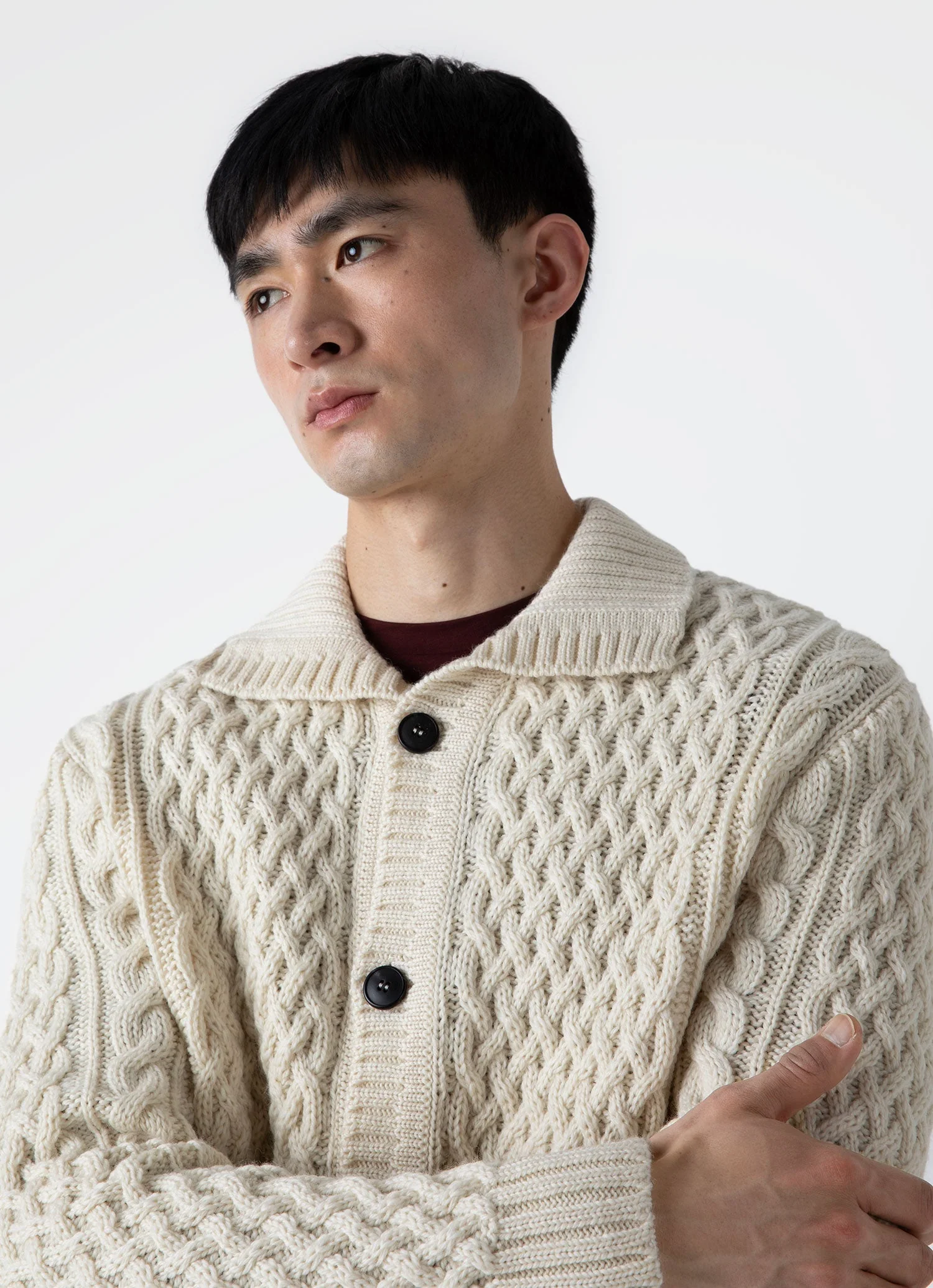 Men's Cable Knit Cardigan Jacket in Ecru - Image 6