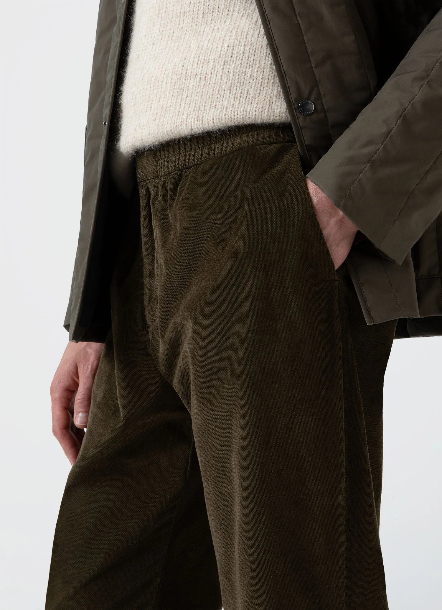 Men's Cellular Cord Drawstring Trouser in Dark Olive - Image 6