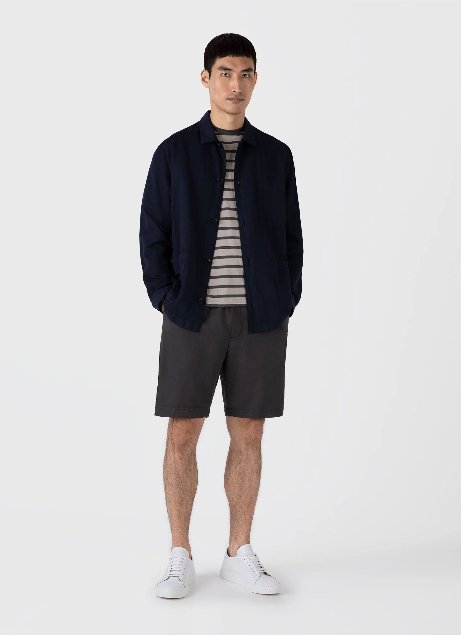 Men's Classic T-shirt in Ash Grey/Charcoal Breton Stripe - Image 3