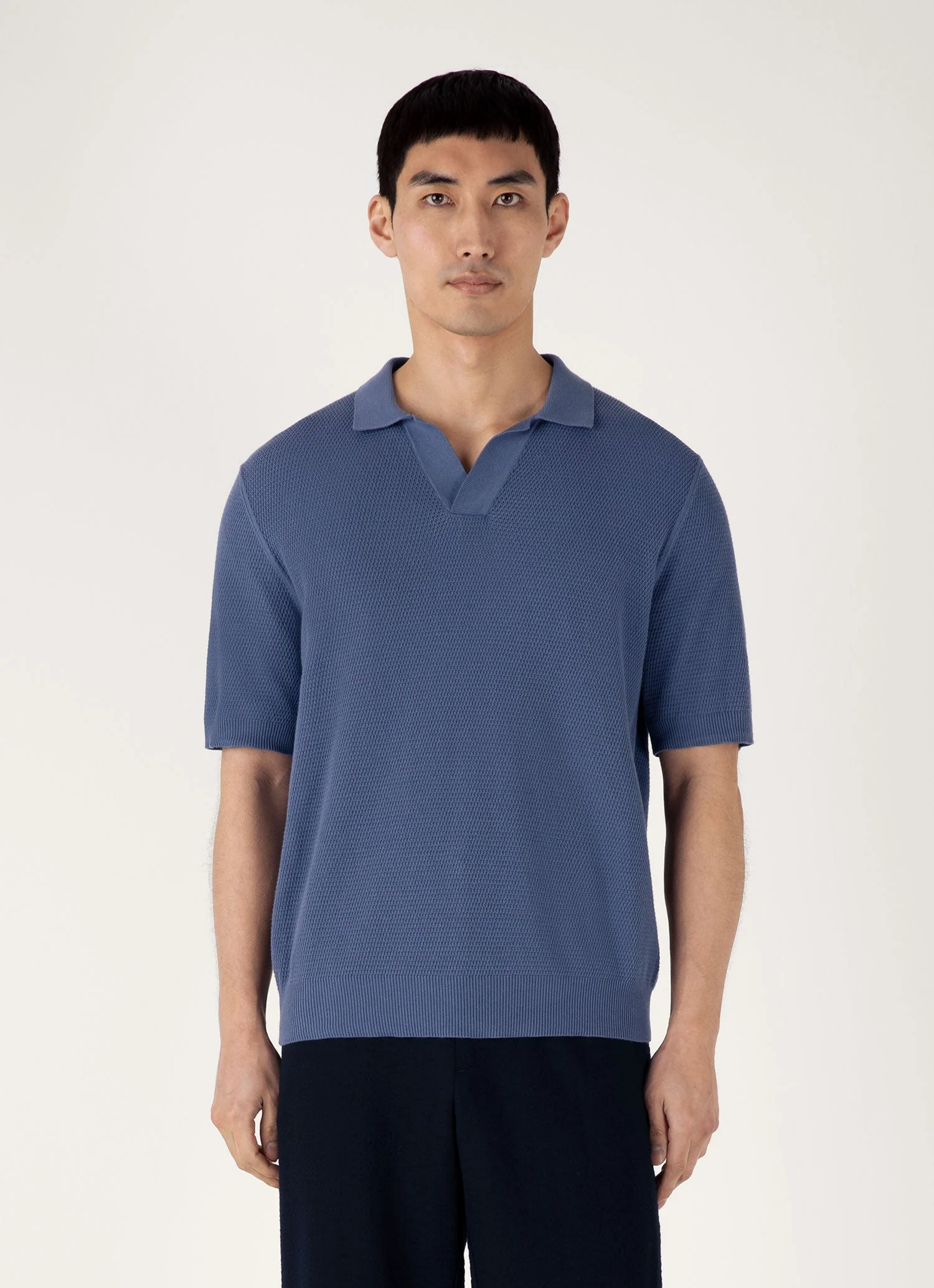 Men's Compact Mesh Knit Polo Shirt in Soft Denim - Image 2