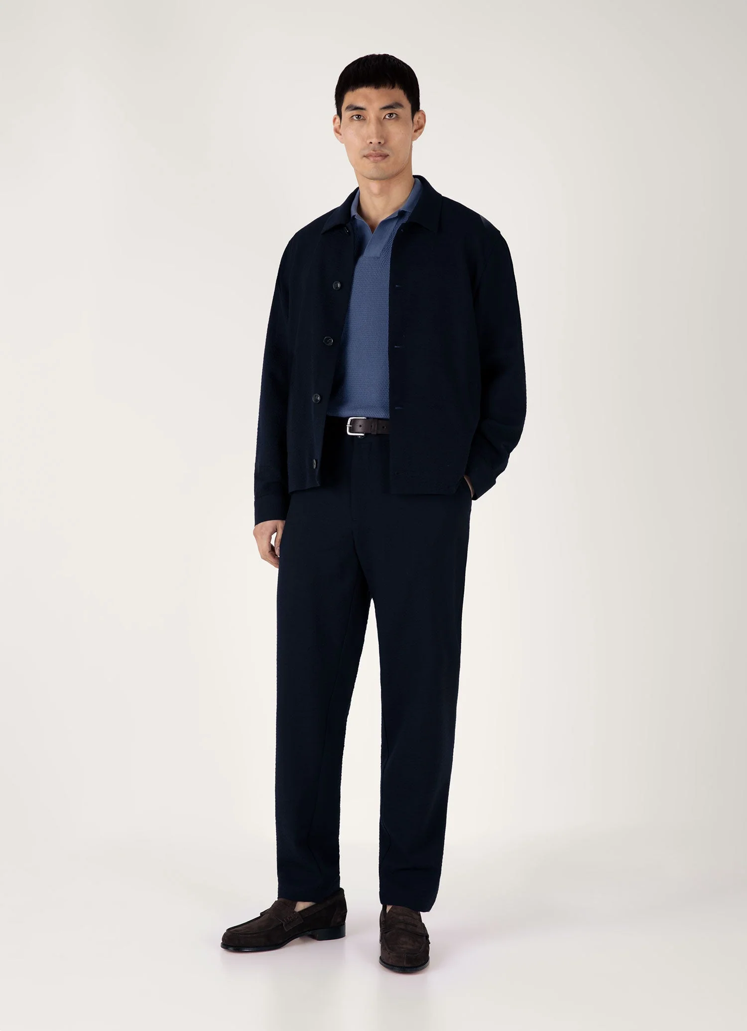 Men's Compact Mesh Knit Polo Shirt in Soft Denim - Image 3