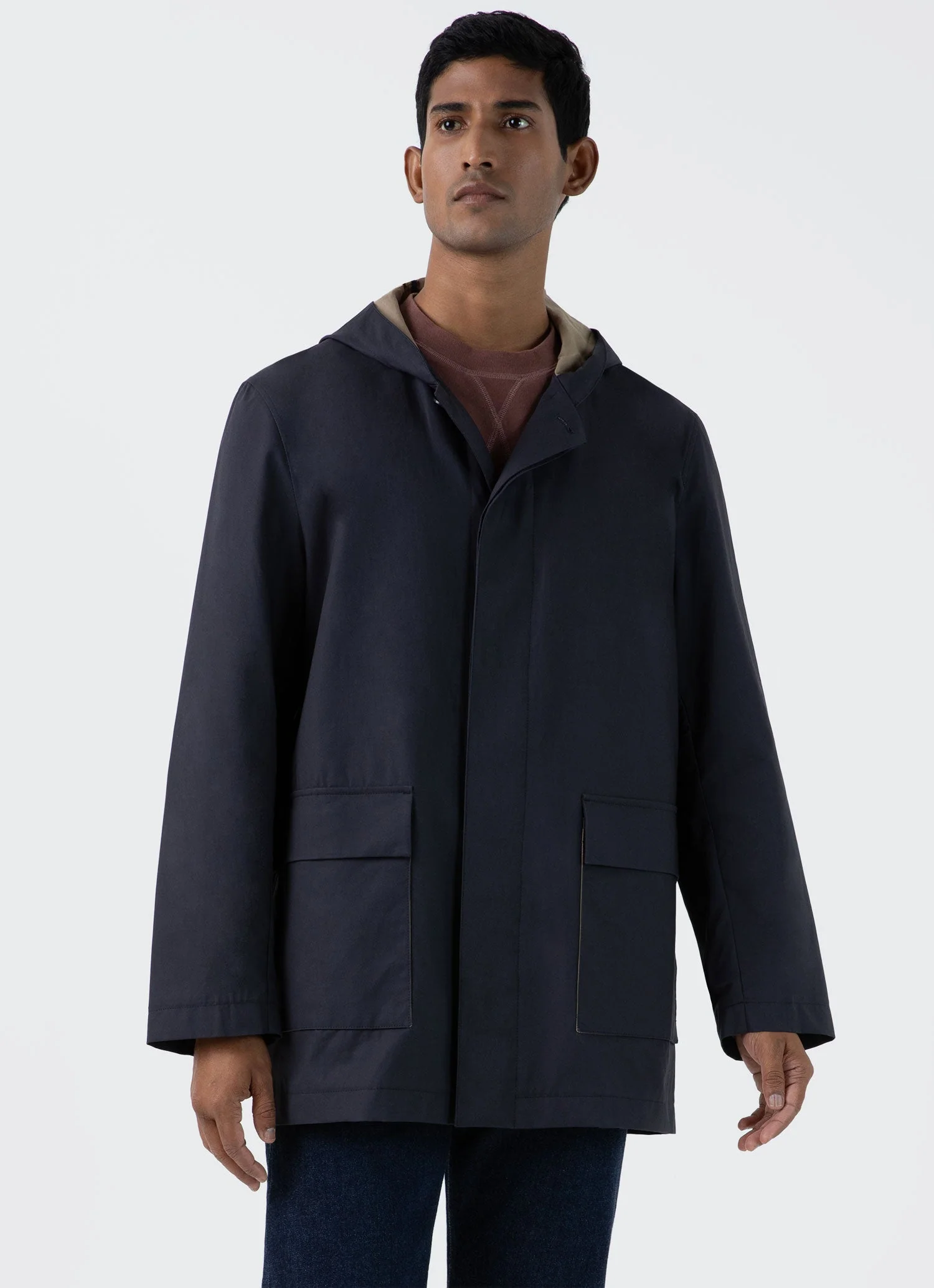 Men's Cotton Bonded Hooded Mac in Navy - Image 2