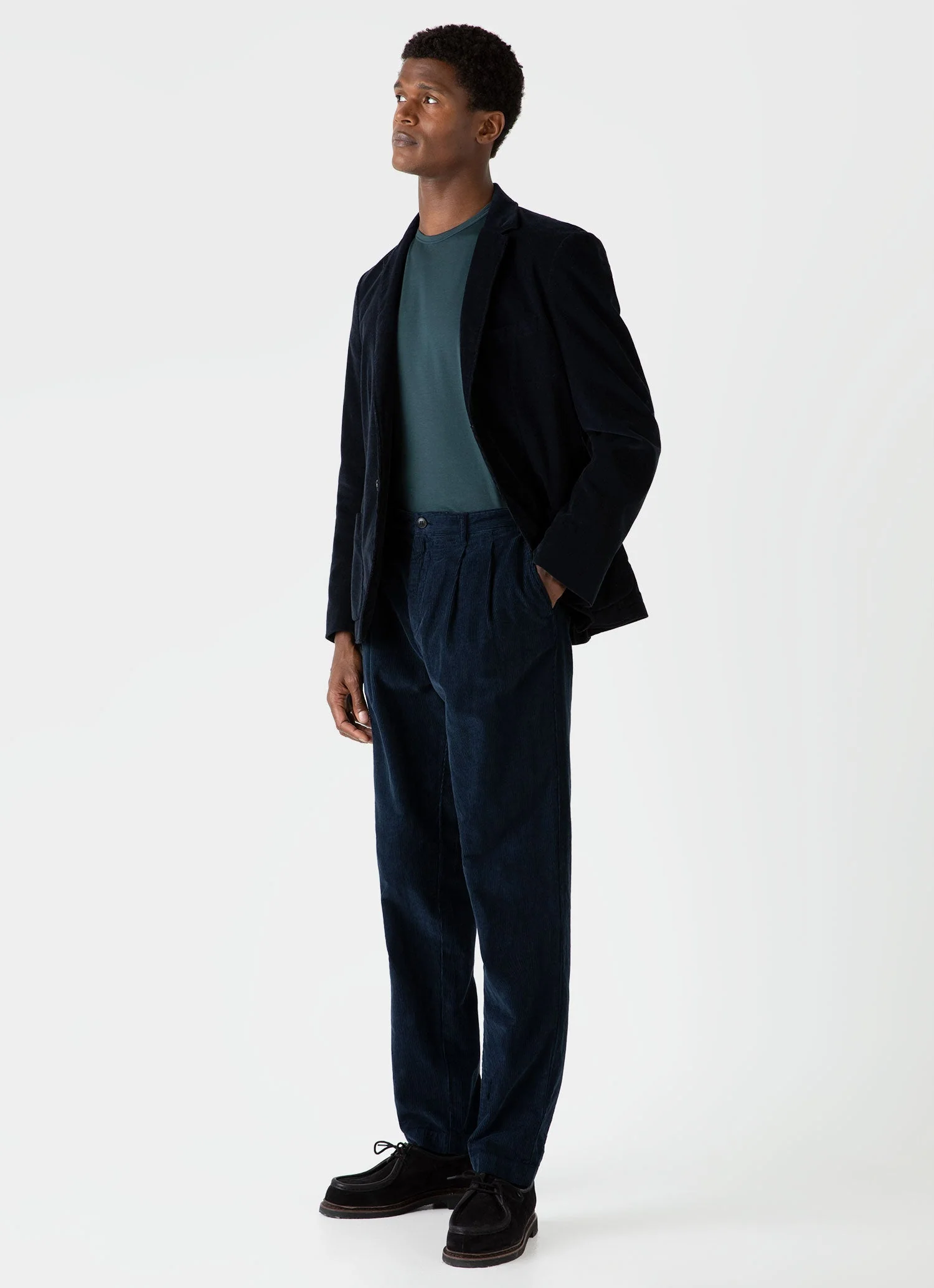 Men's Double Pleat Corduroy Trouser in Navy - Image 2