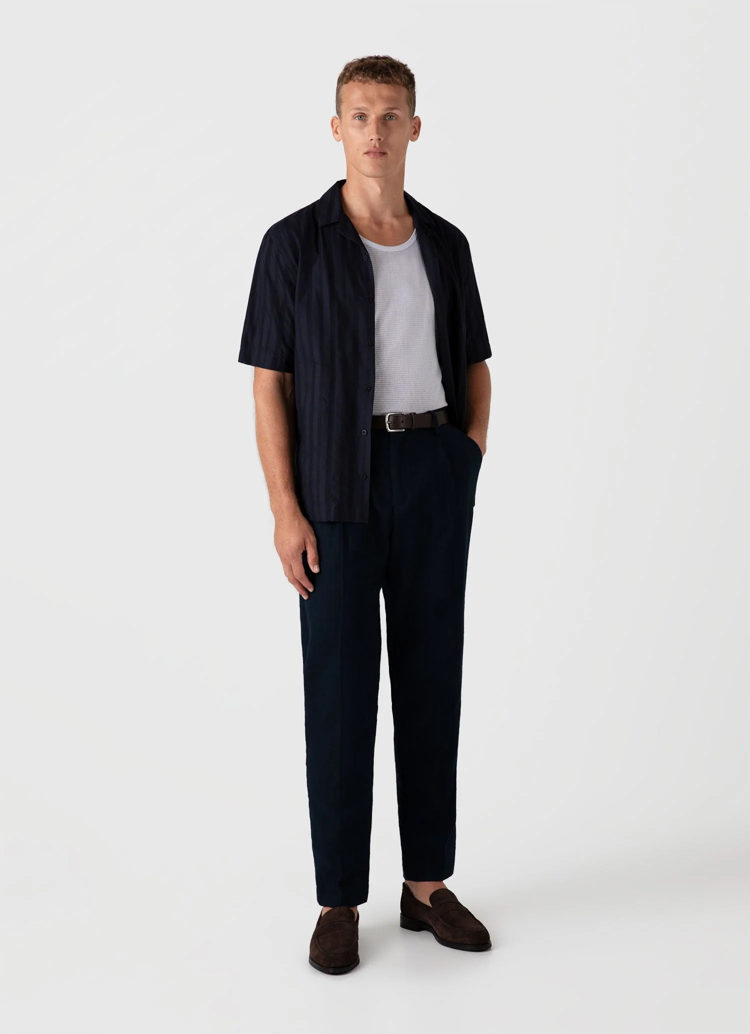 Men's Embroidered Stripe Camp Collar Shirt in Navy - Image 3