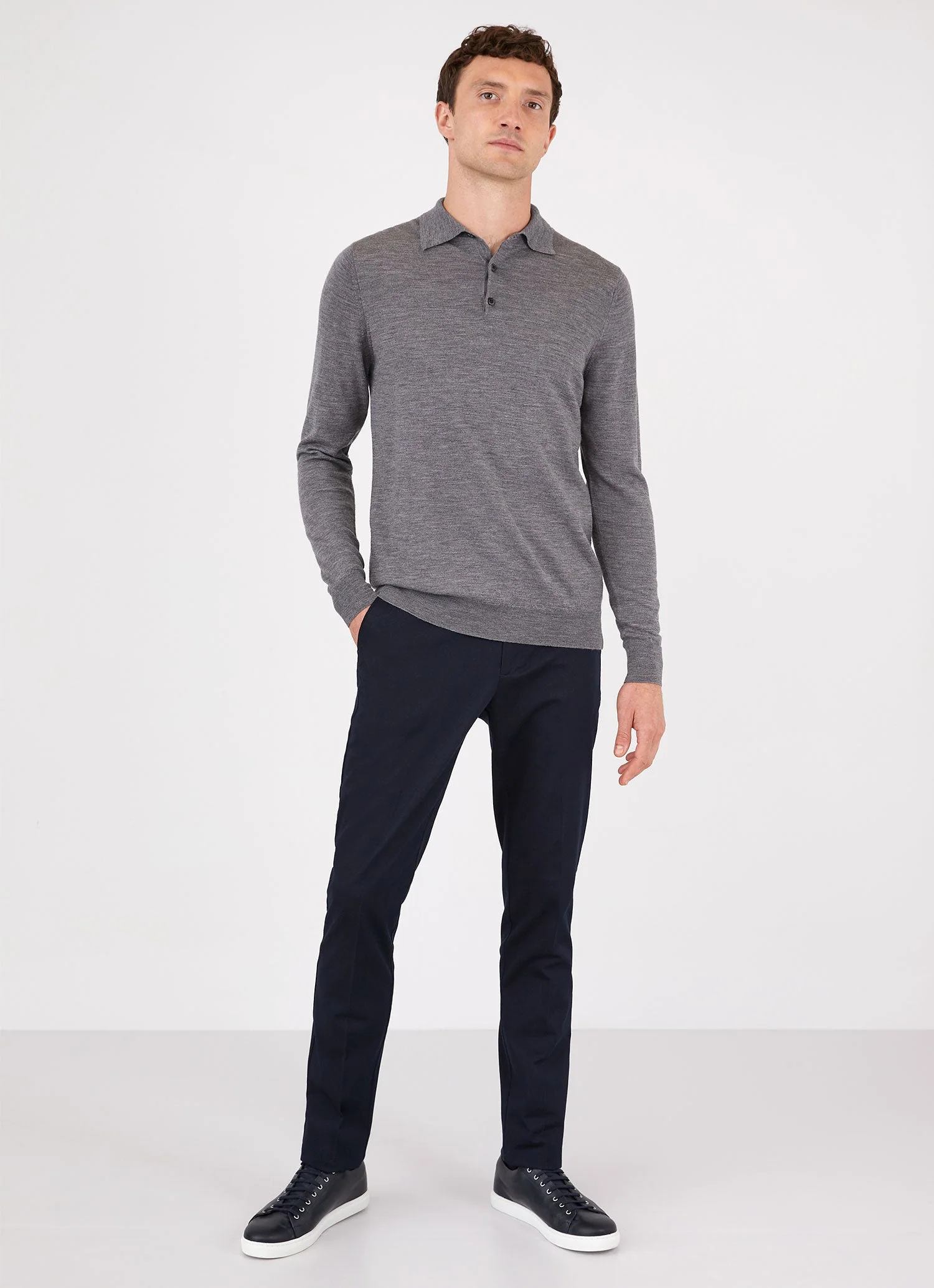 Men's Extra-Fine Merino Knitted Polo Shirt in Mid Grey Melange - Image 3