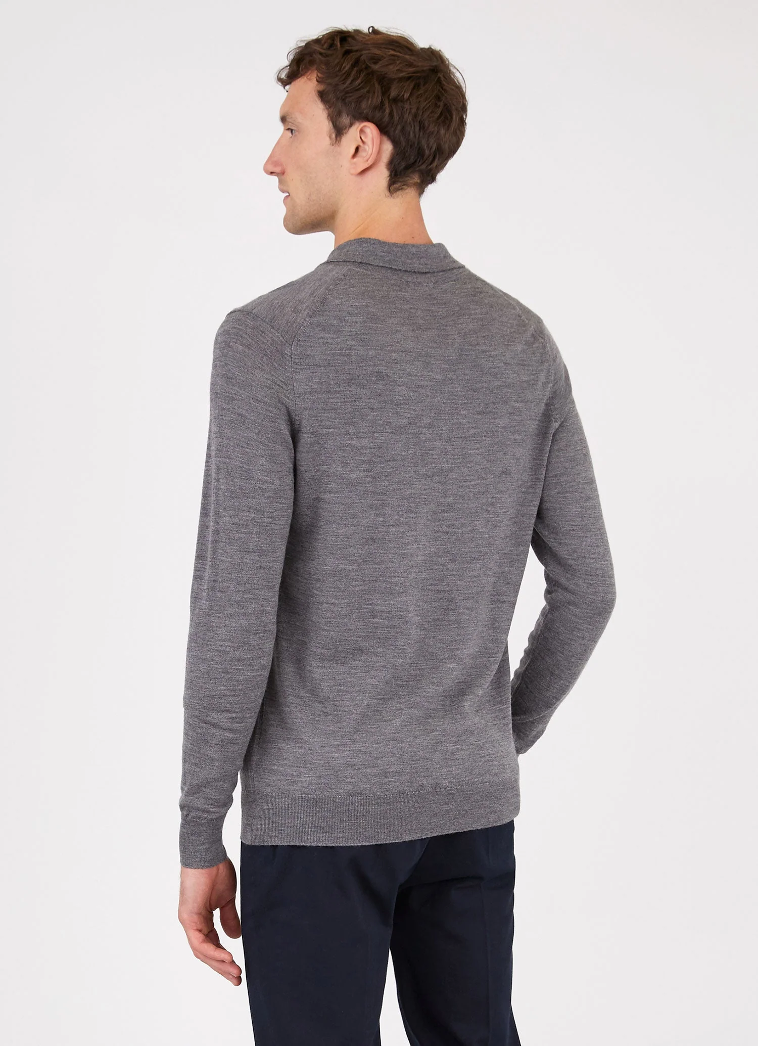 Men's Extra-Fine Merino Knitted Polo Shirt in Mid Grey Melange - Image 4