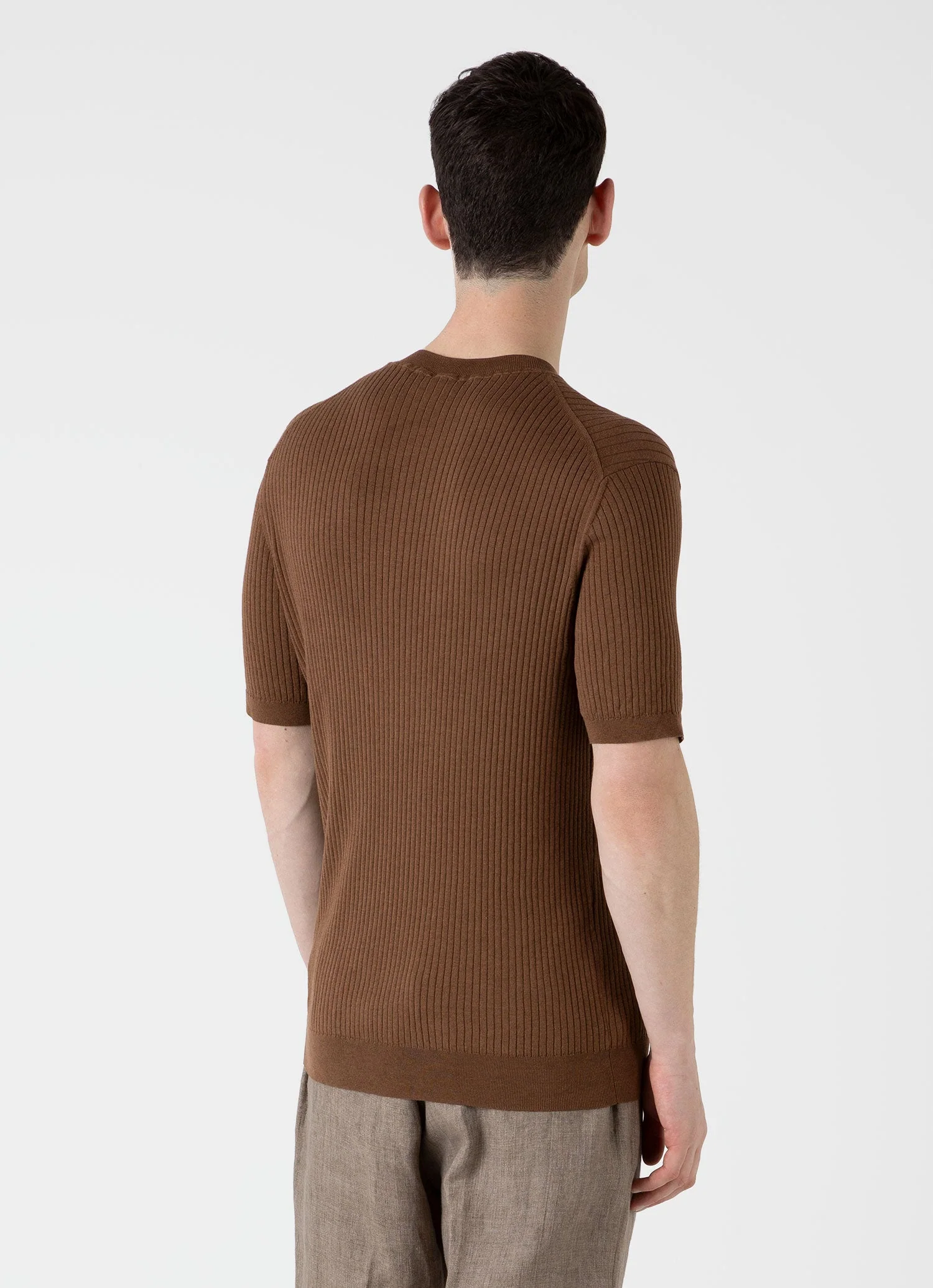 Men's Fine Rib Silk Cotton T-shirt in Dark Sand - Image 5
