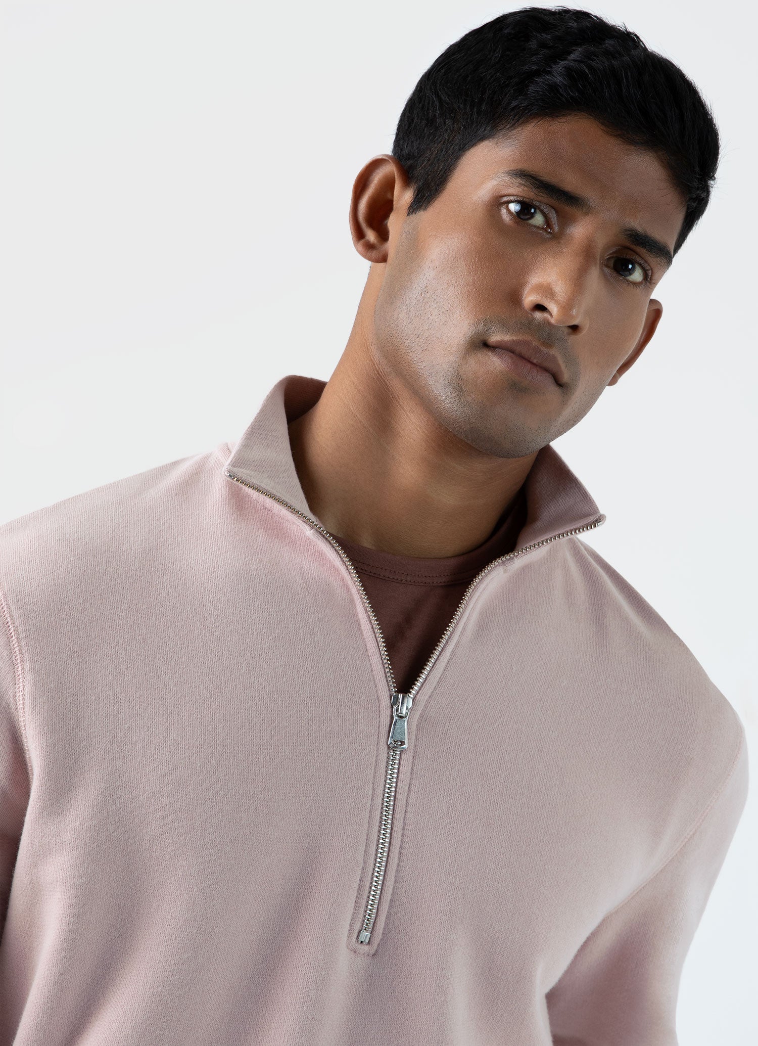Men's Half Zip Loopback Sweatshirt in Pale Pink - Image 6