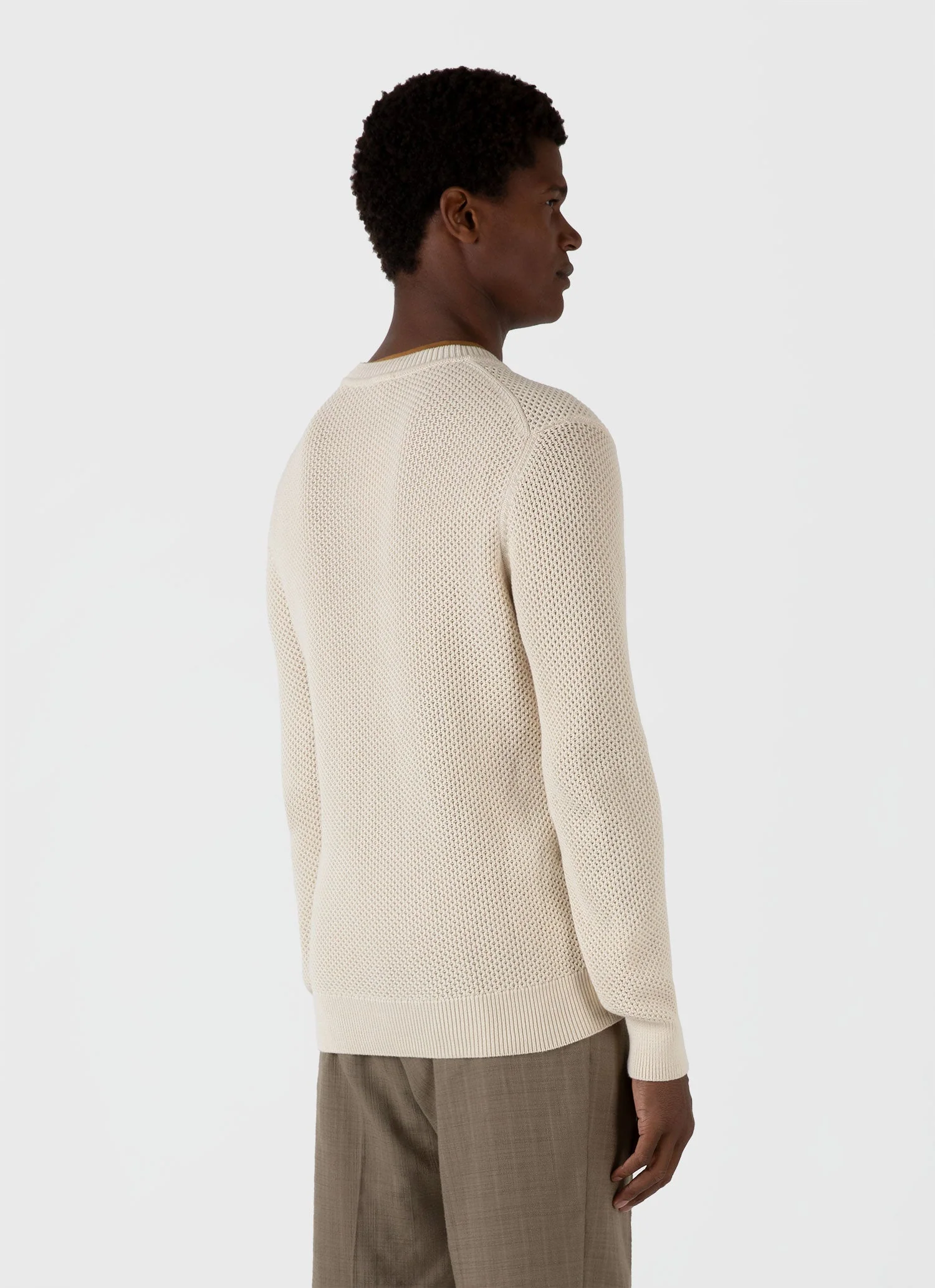 Men's Honeycomb Cotton Crew Neck Jumper in Ecru - Image 5