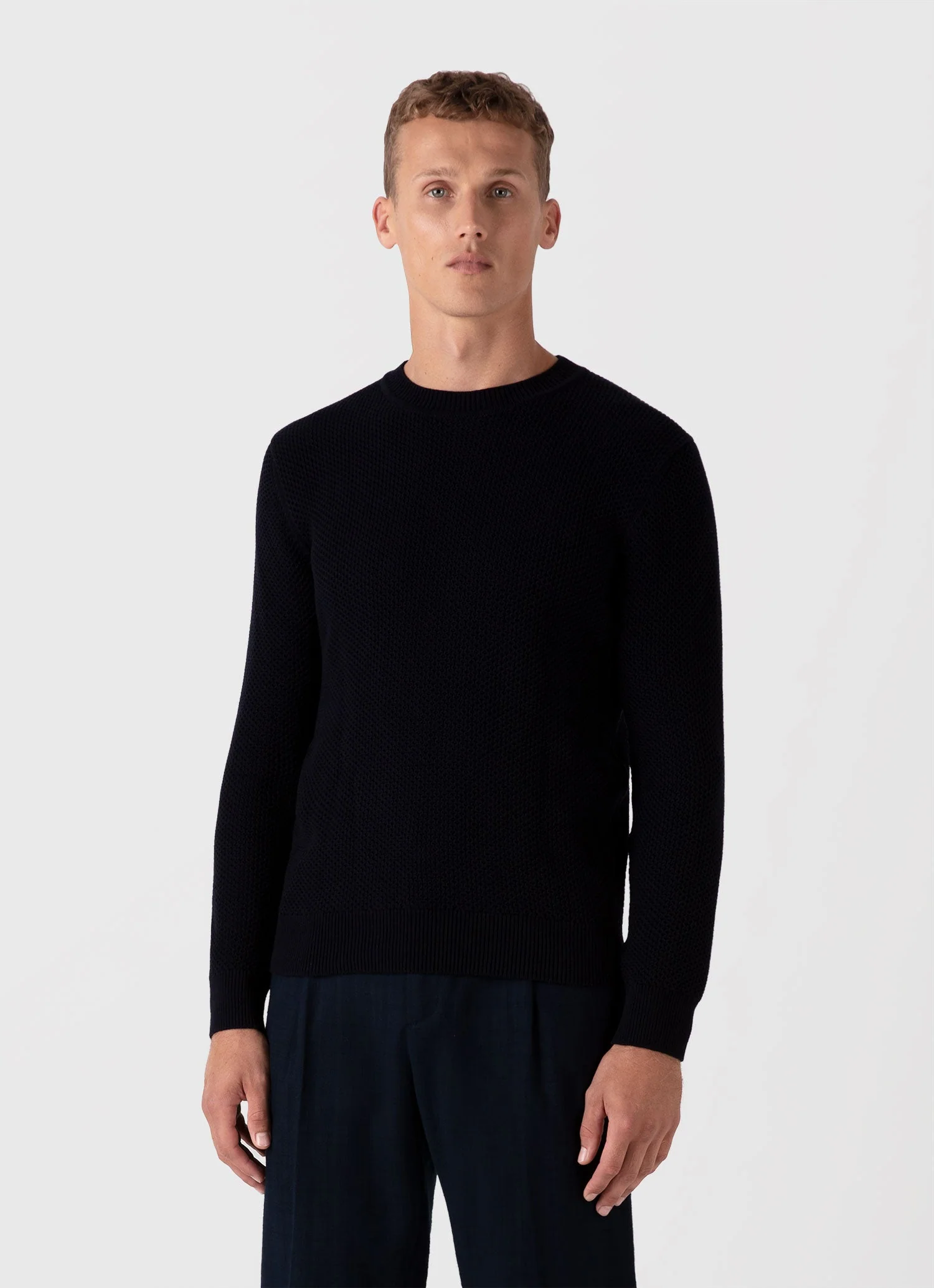 Men's Honeycomb Cotton Crew Neck Jumper in Navy - Image 2