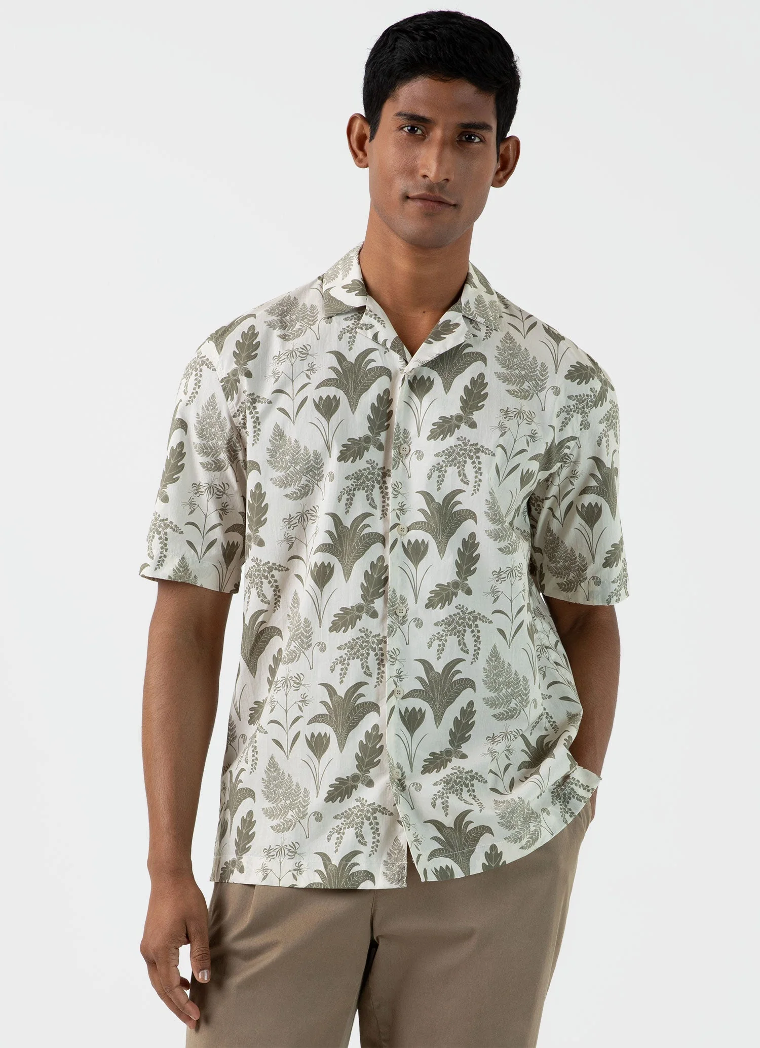 Men's Leaf Print Camp Collar Shirt in Ecru - Image 2