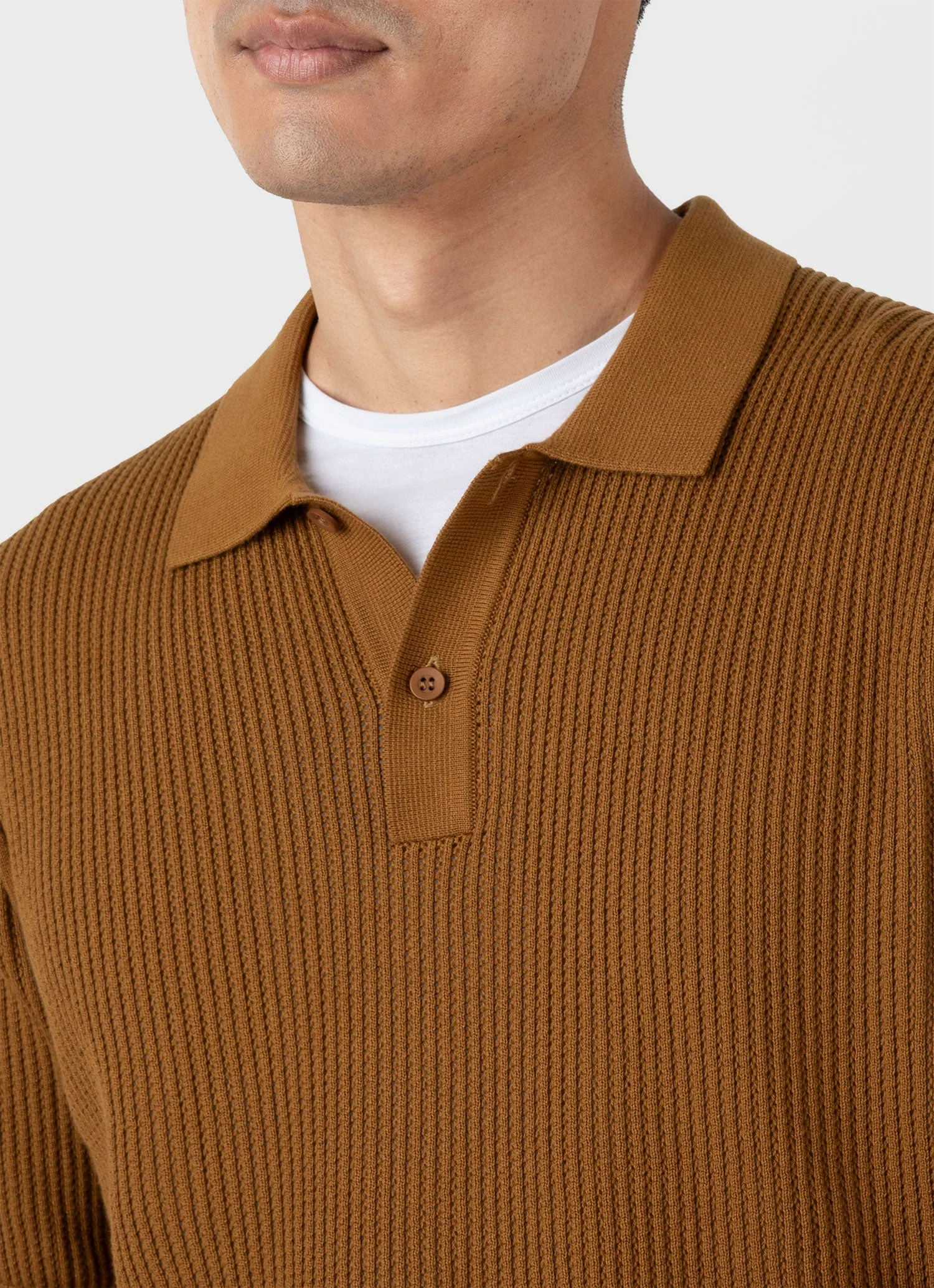 Men's Linear Mesh Knit Polo Shirt in Golden Brown - Image 6