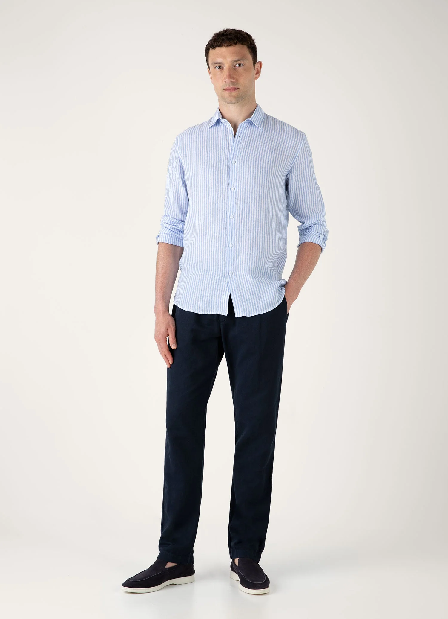 Men's Linen Shirt in Mid Blue/White - Image 3