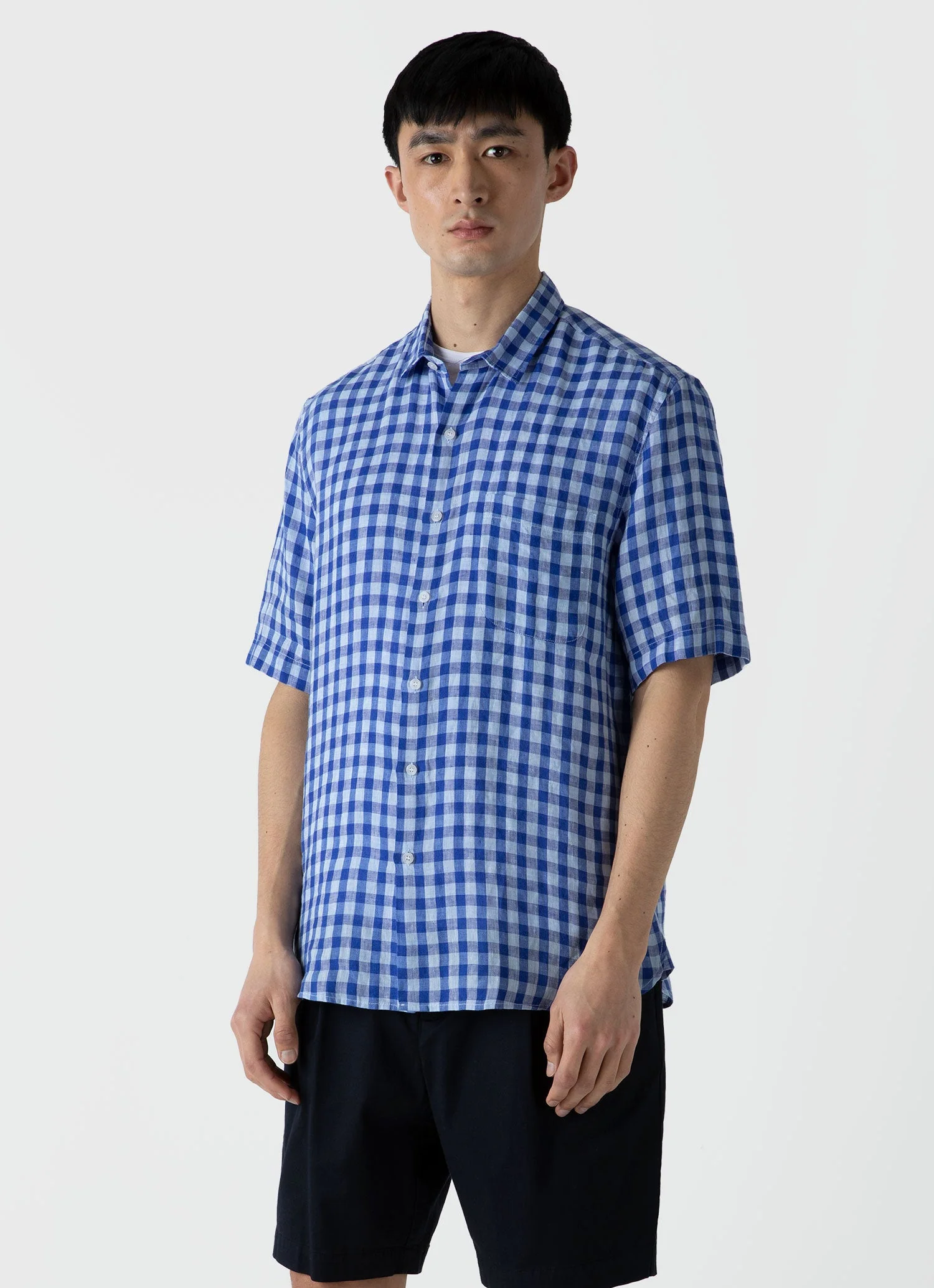 Men's Short Sleeve Linen Shirt in Blue Gingham - Image 2