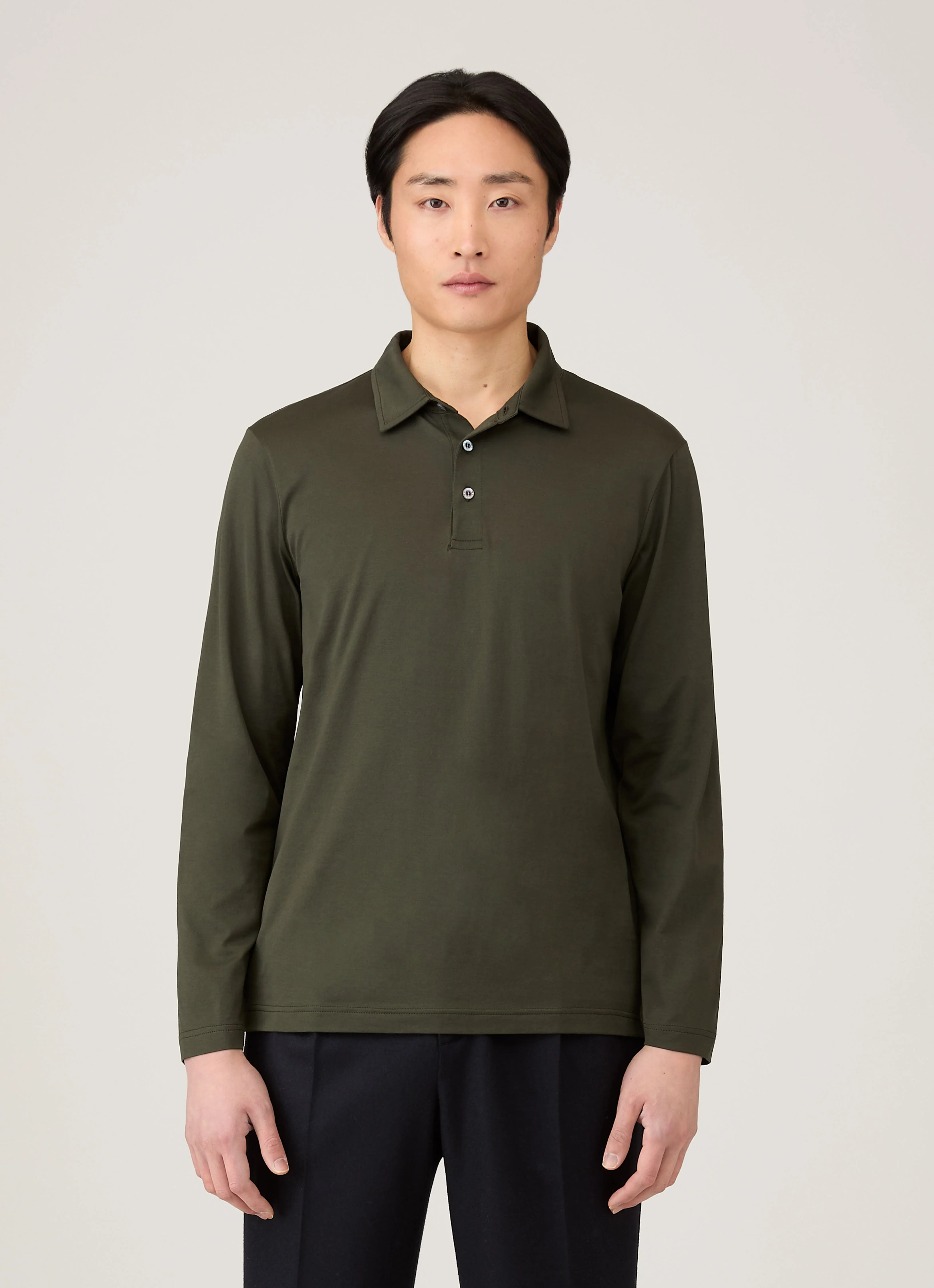 Men's Long Sleeve Classic Jersey Polo Shirt in Dark Green - Image 2