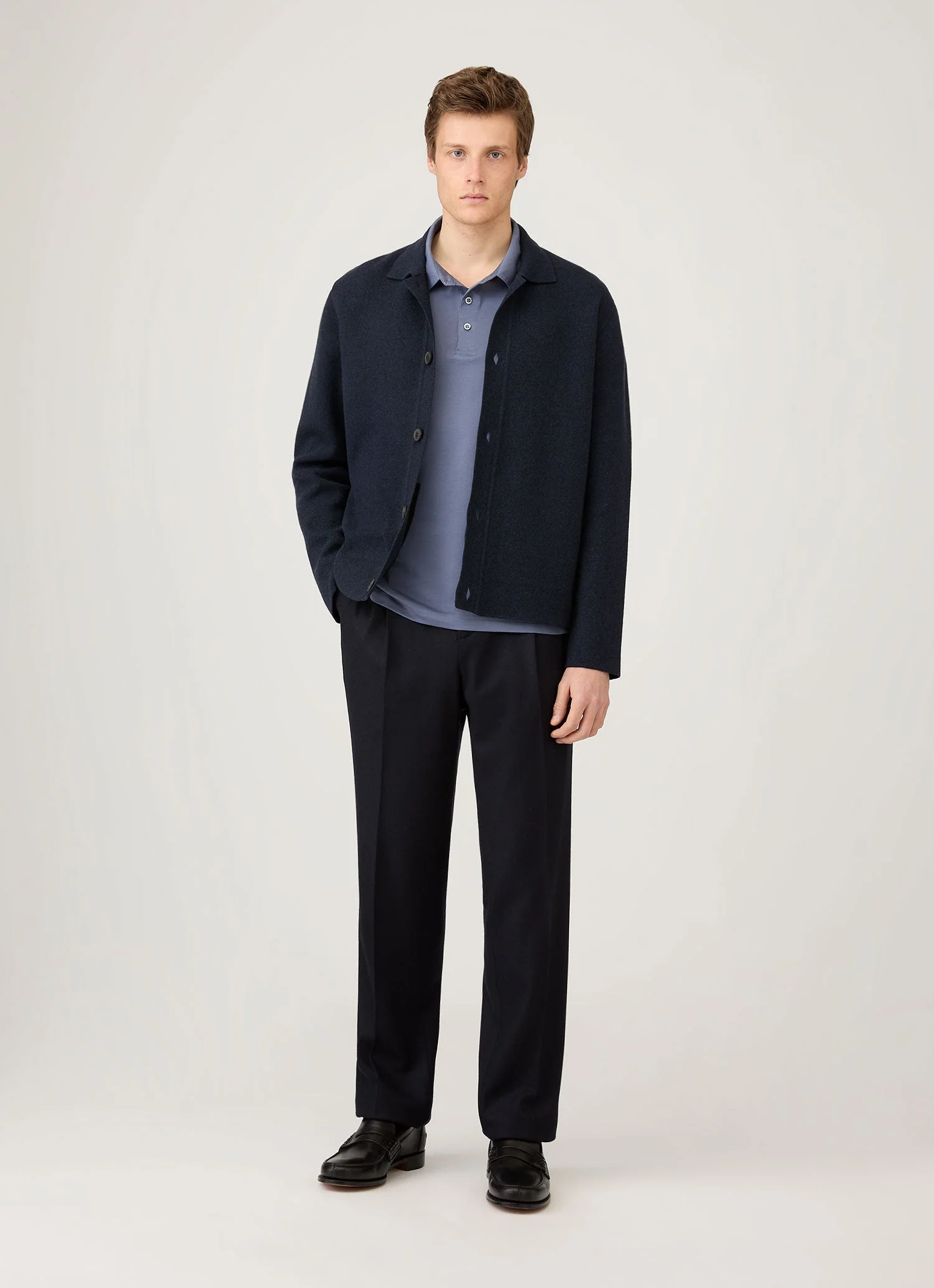 Men's Long Sleeve Classic Jersey Polo Shirt in Selvedge Blue - Image 3