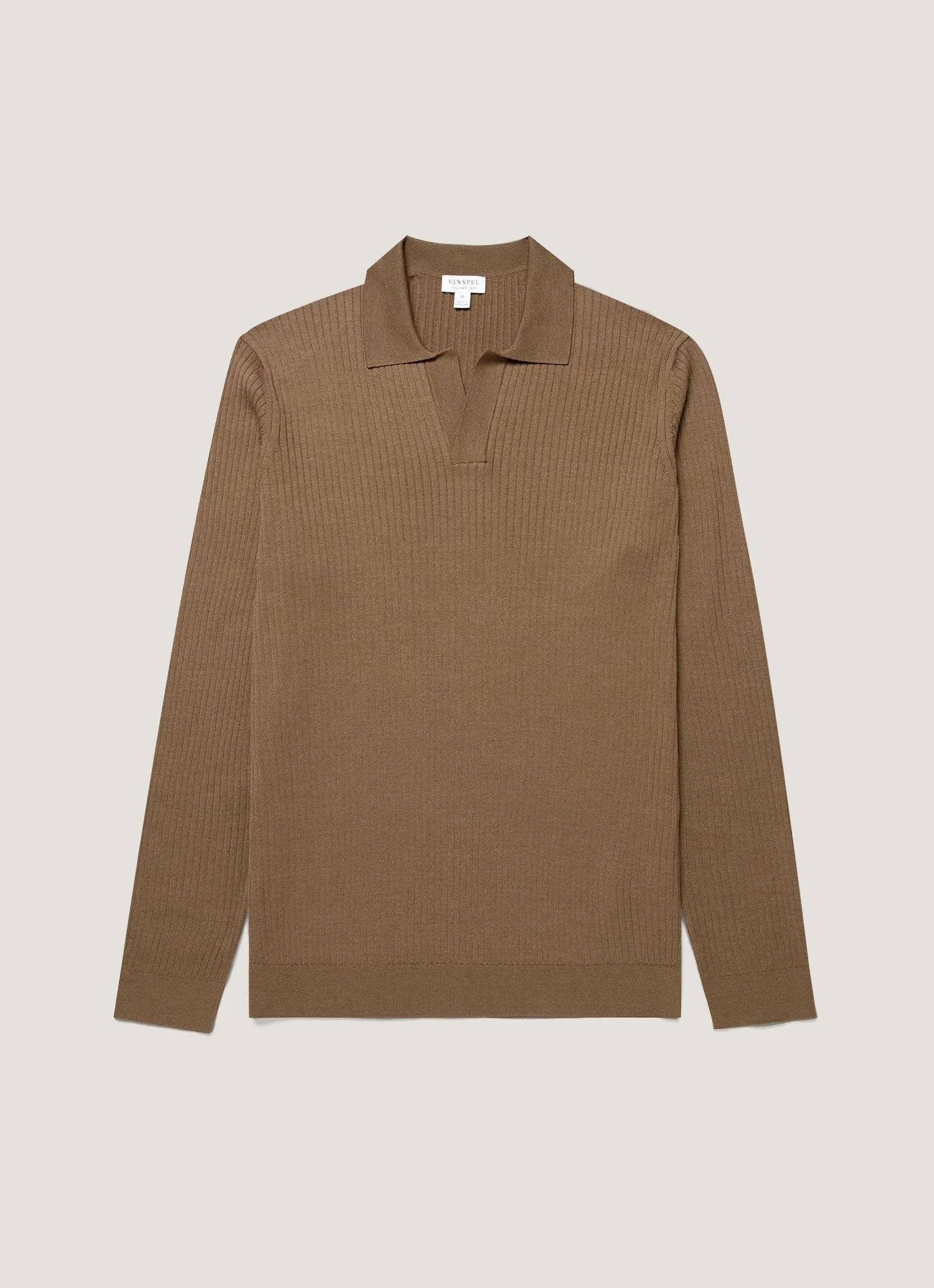 Men's Long Sleeve Fine Rib Silk Cotton Polo in Dark Cedar