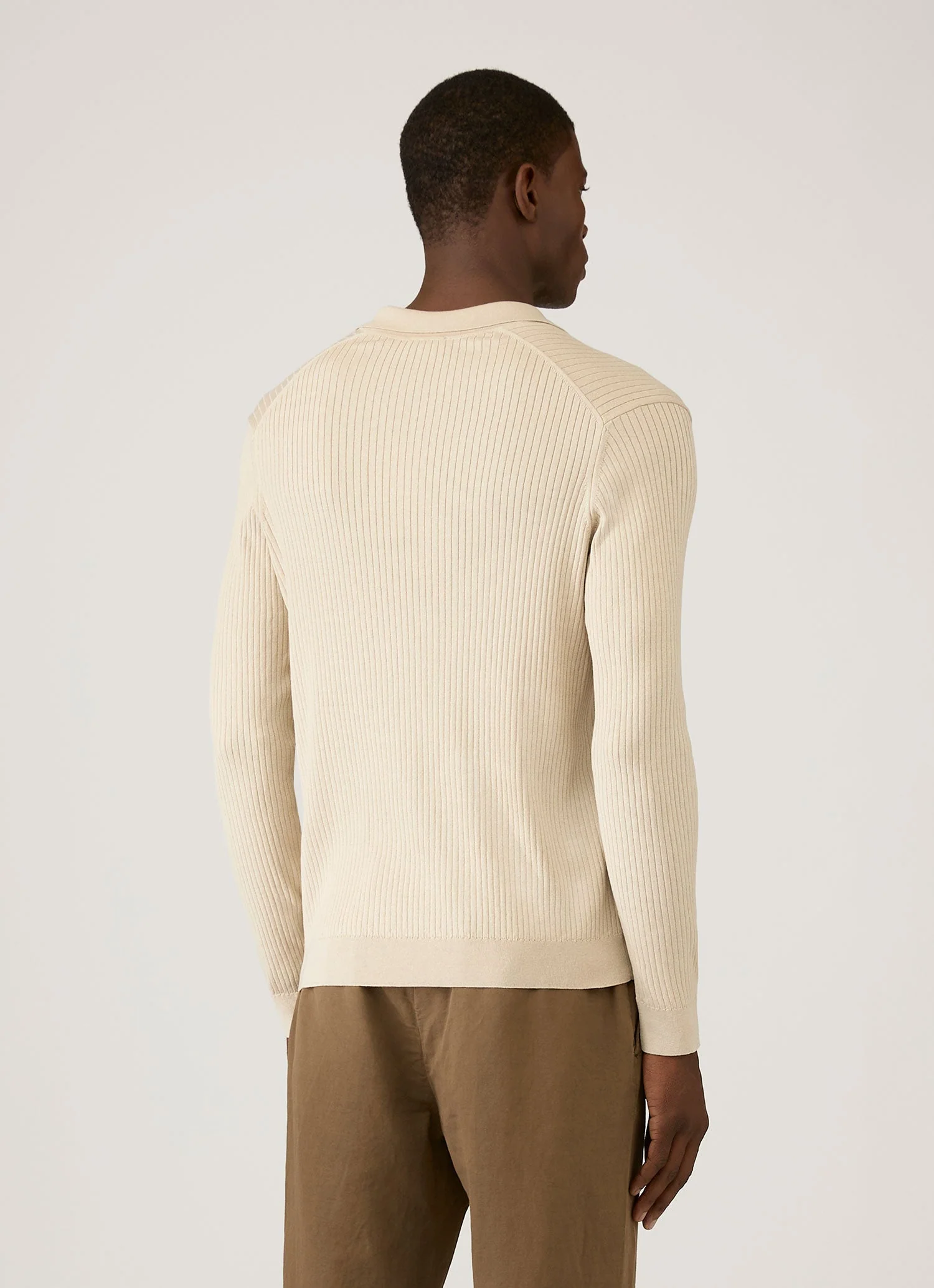 Men's Long Sleeve Fine Rib Silk Cotton Polo in Hazelwood - Image 5