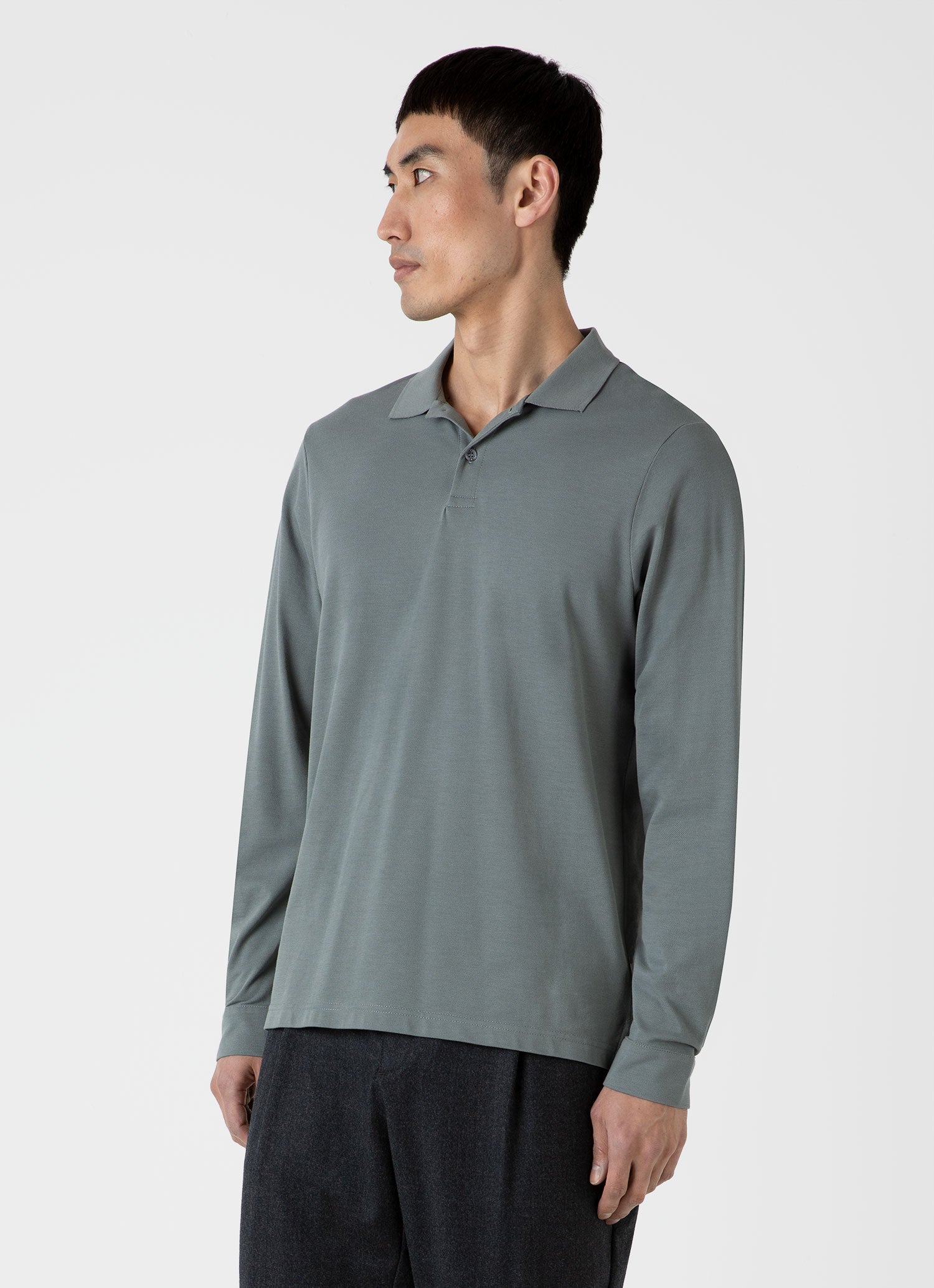 Men's Long Sleeve Piqué Polo Shirt in Smoke Green - Image 2