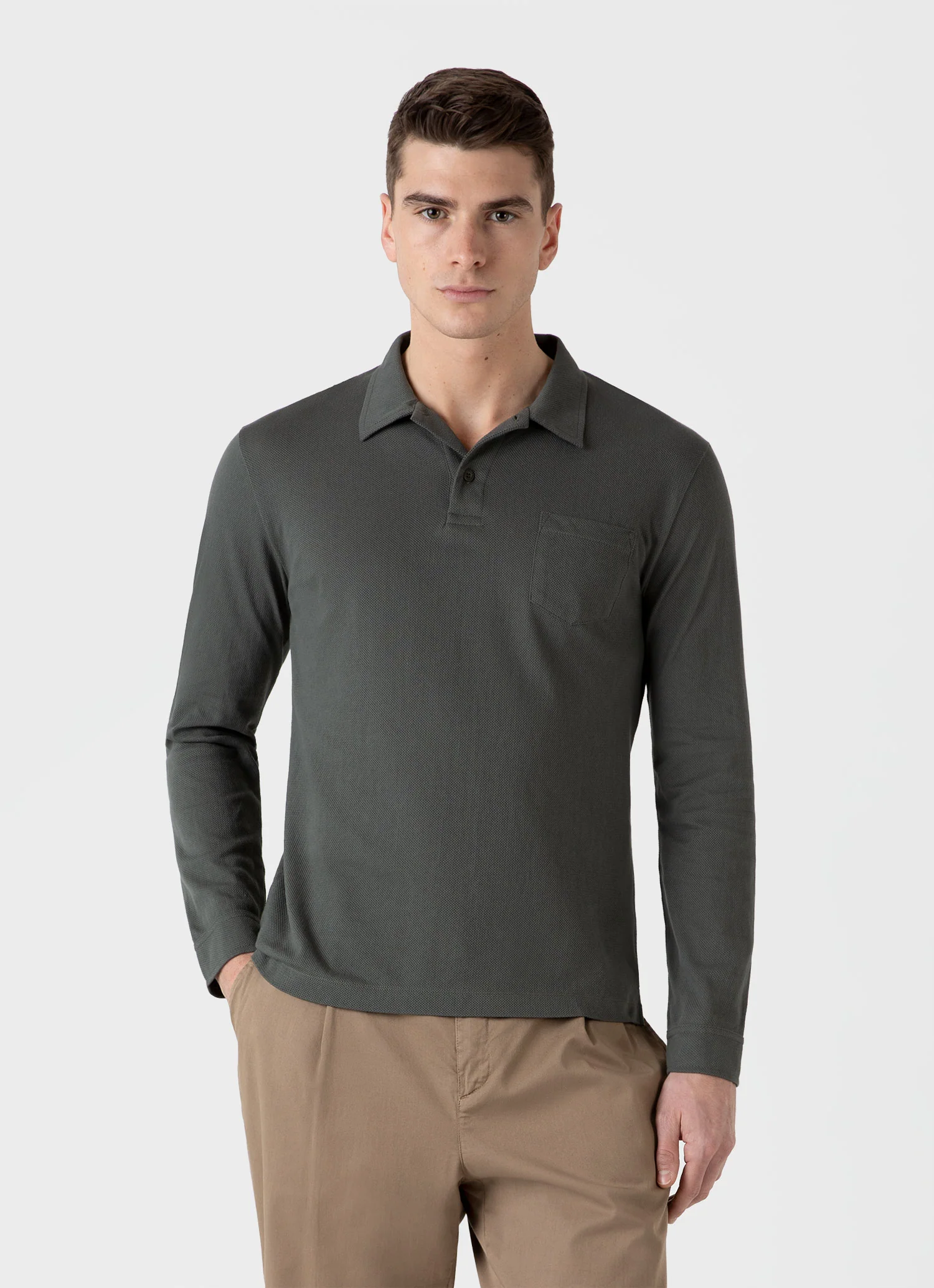 Men's Long Sleeve Riviera Polo Shirt in Drill Green - Image 2
