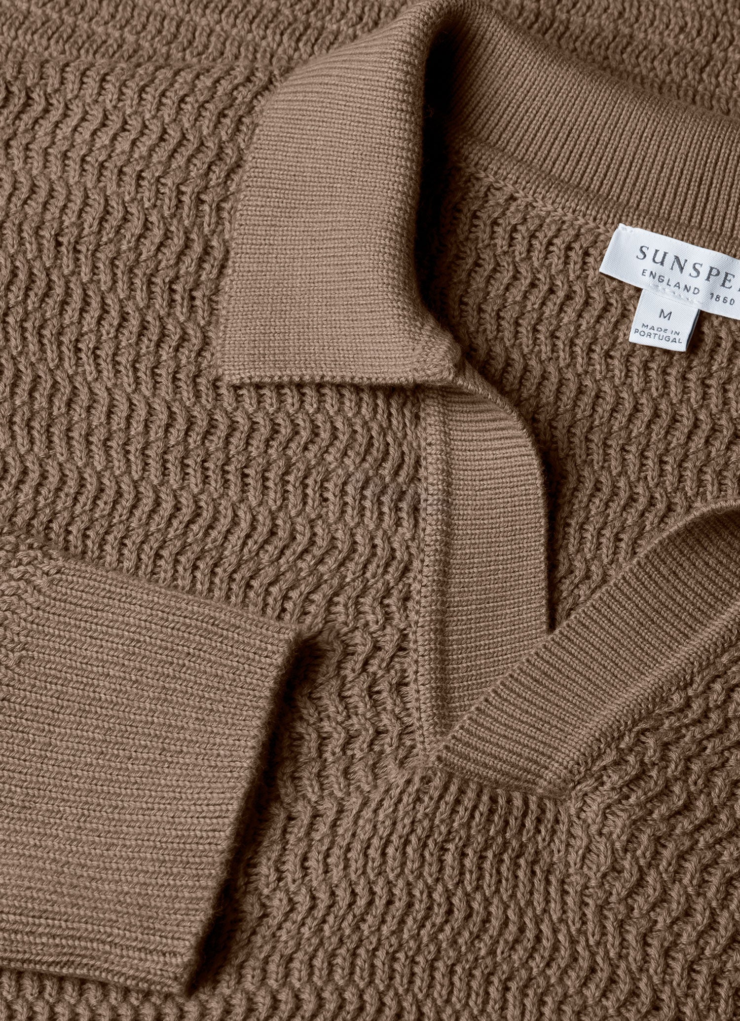 Men's Long Sleeve Textured Cotton Polo Shirt in Dark Stone - Image 4