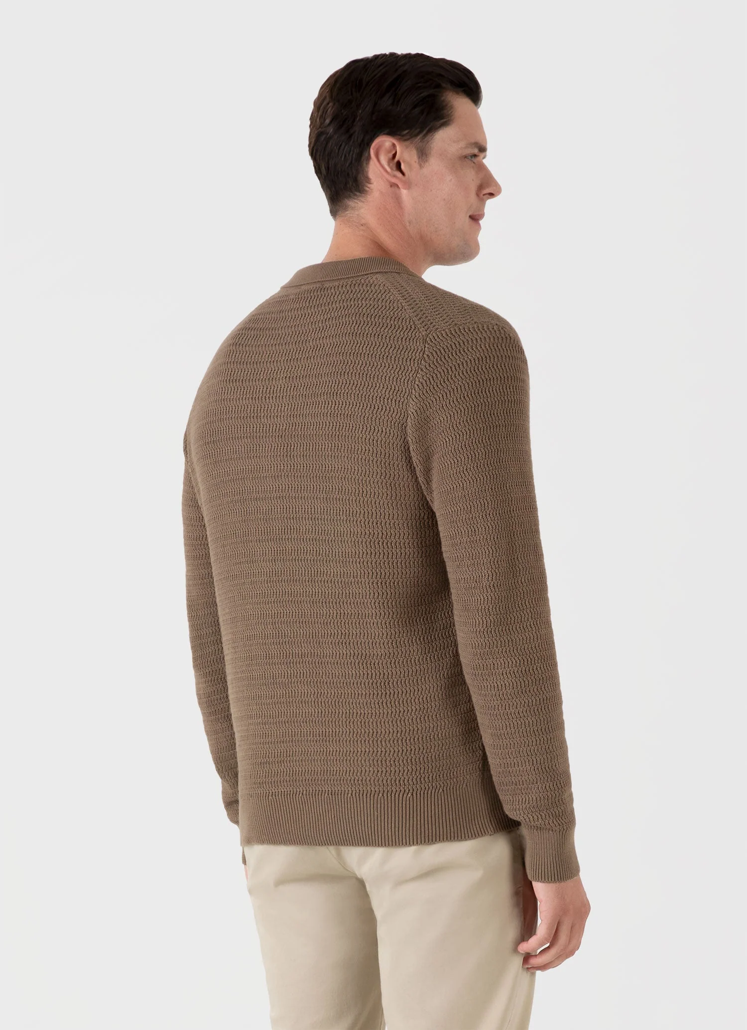 Men's Long Sleeve Textured Cotton Polo Shirt in Dark Stone - Image 5
