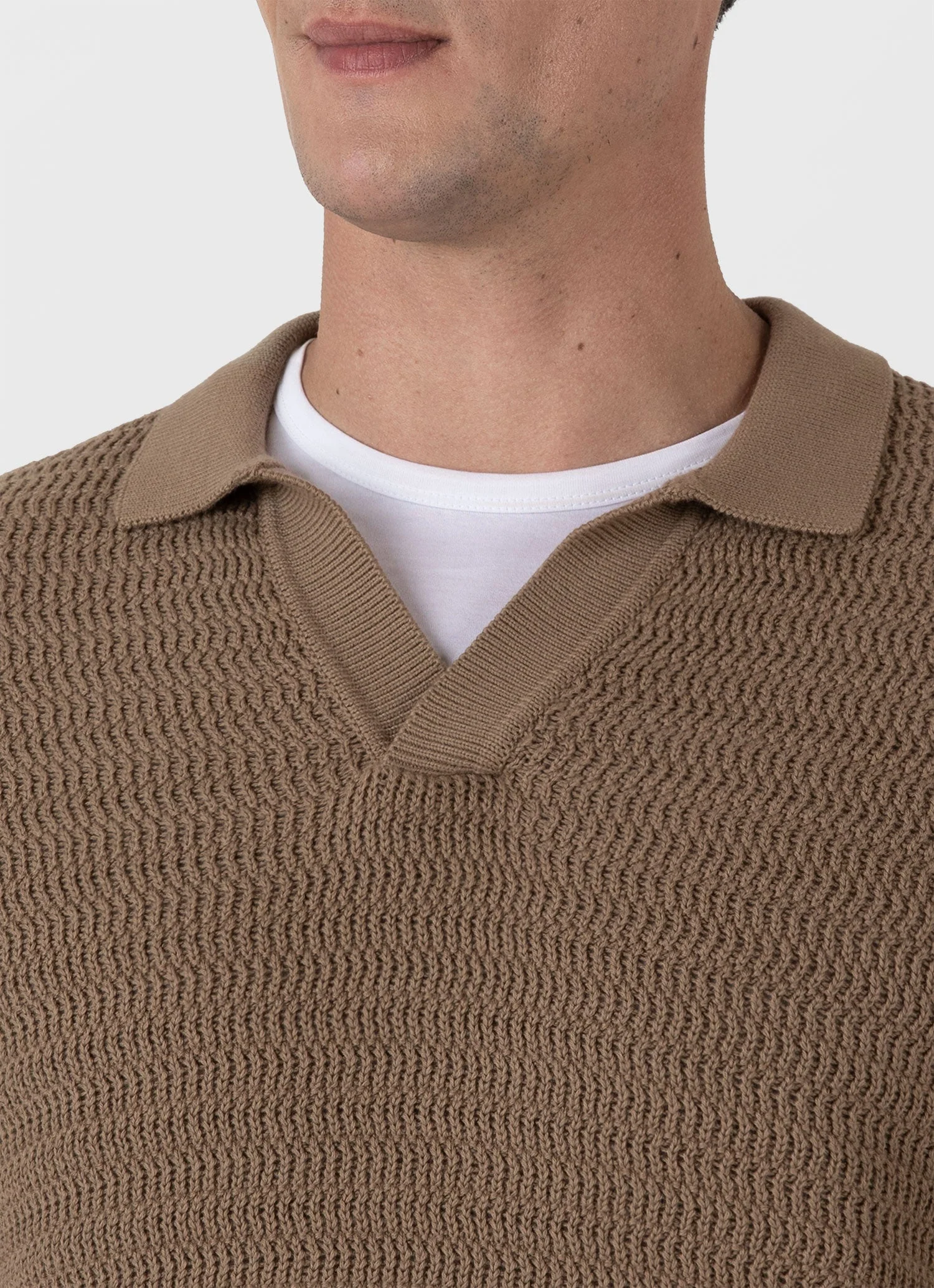 Men's Long Sleeve Textured Cotton Polo Shirt in Dark Stone - Image 6