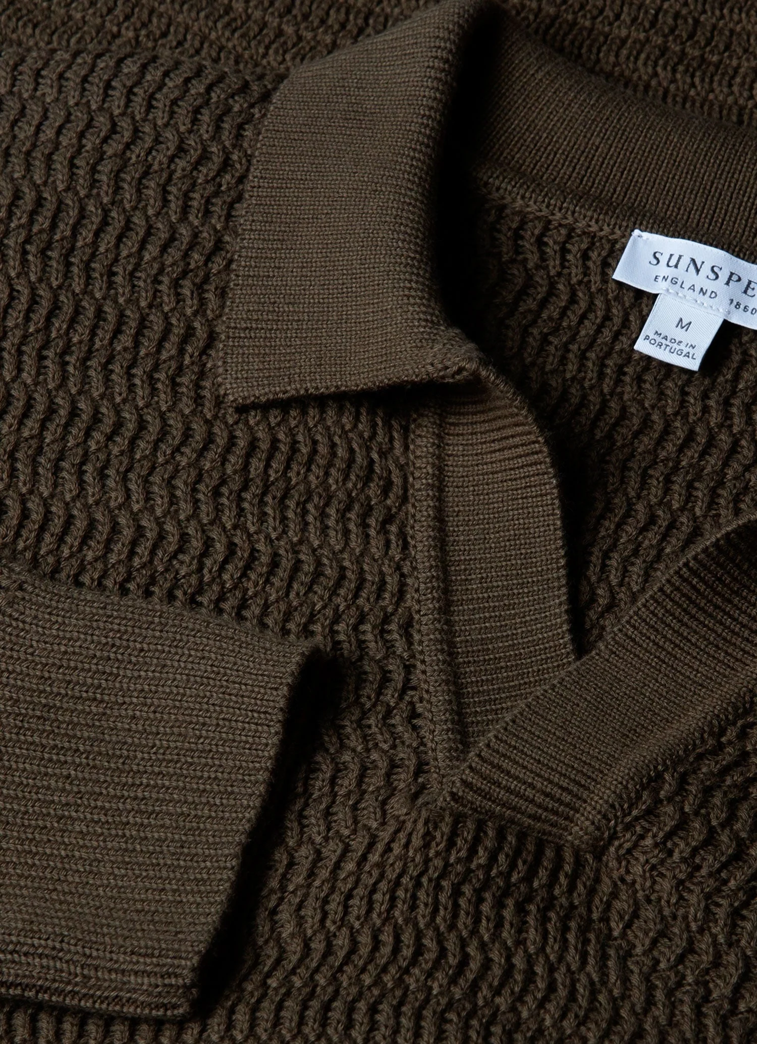 Men's Long Sleeve Textured Cotton Polo Shirt in Khaki - Image 4