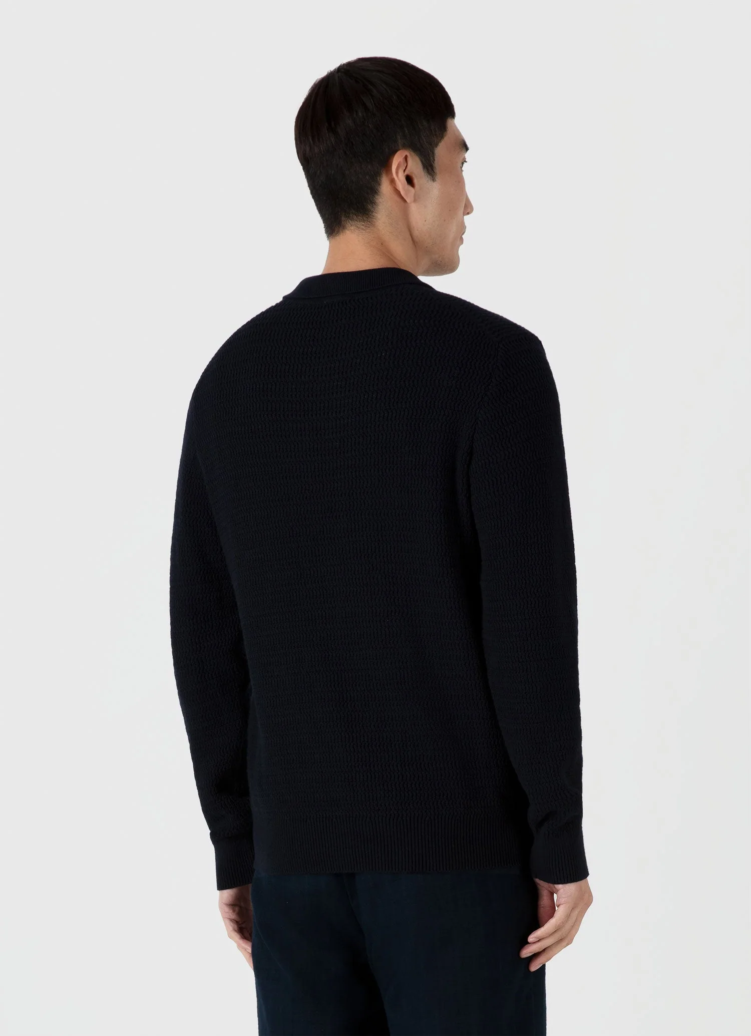Men's Long Sleeve Textured Cotton Polo Shirt in Navy - Image 5