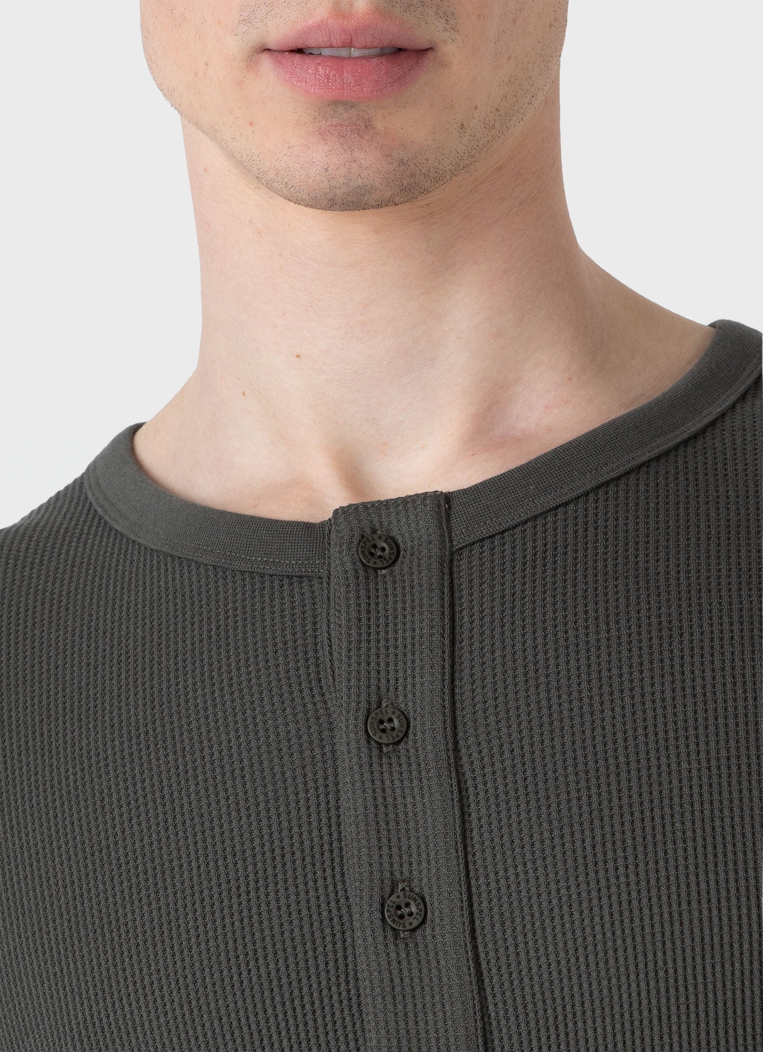 Men's Long Sleeve Waffle Henley in Drill Green - Image 6