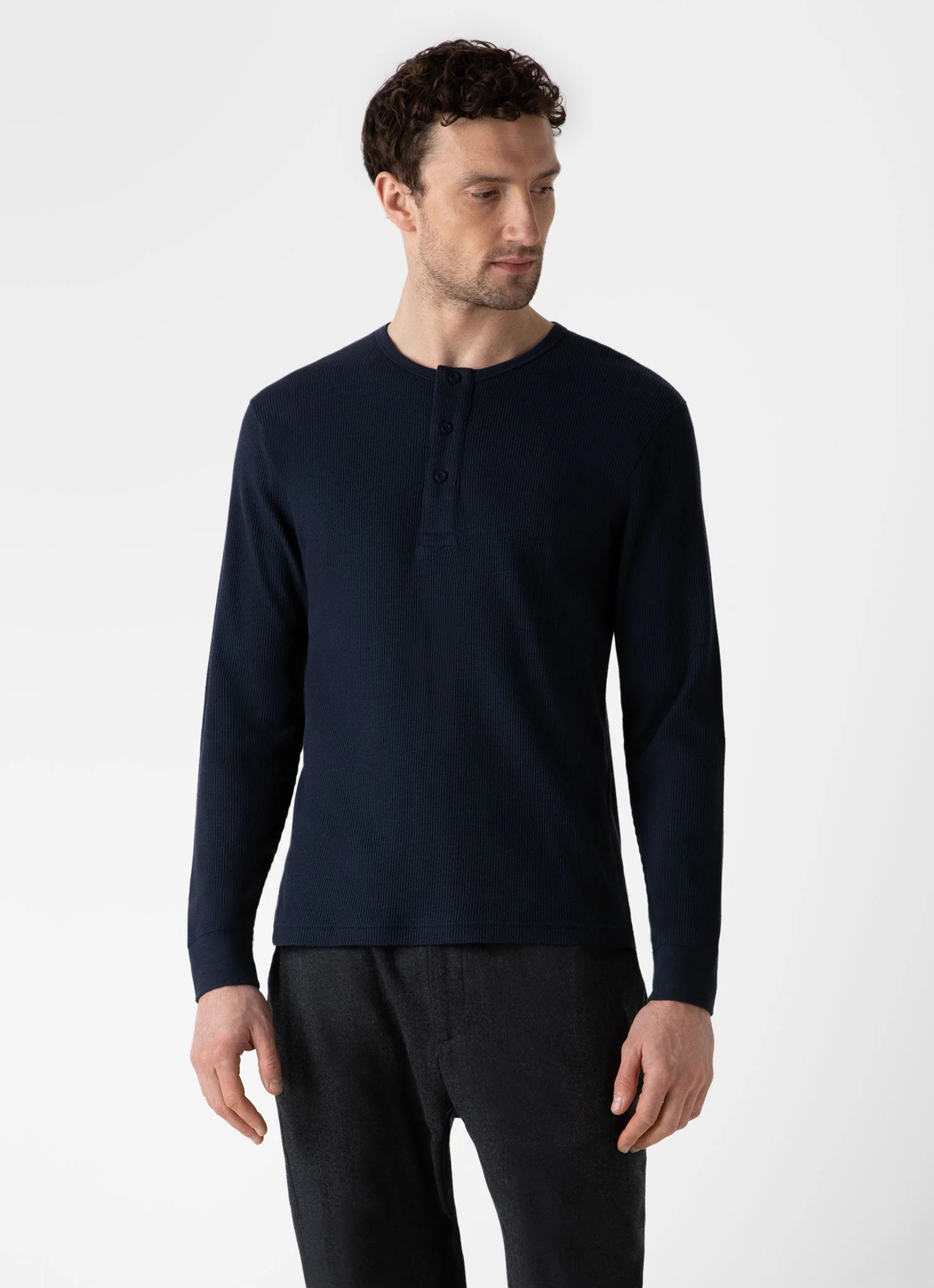 Men's Long Sleeve Waffle Henley in Navy - Image 2