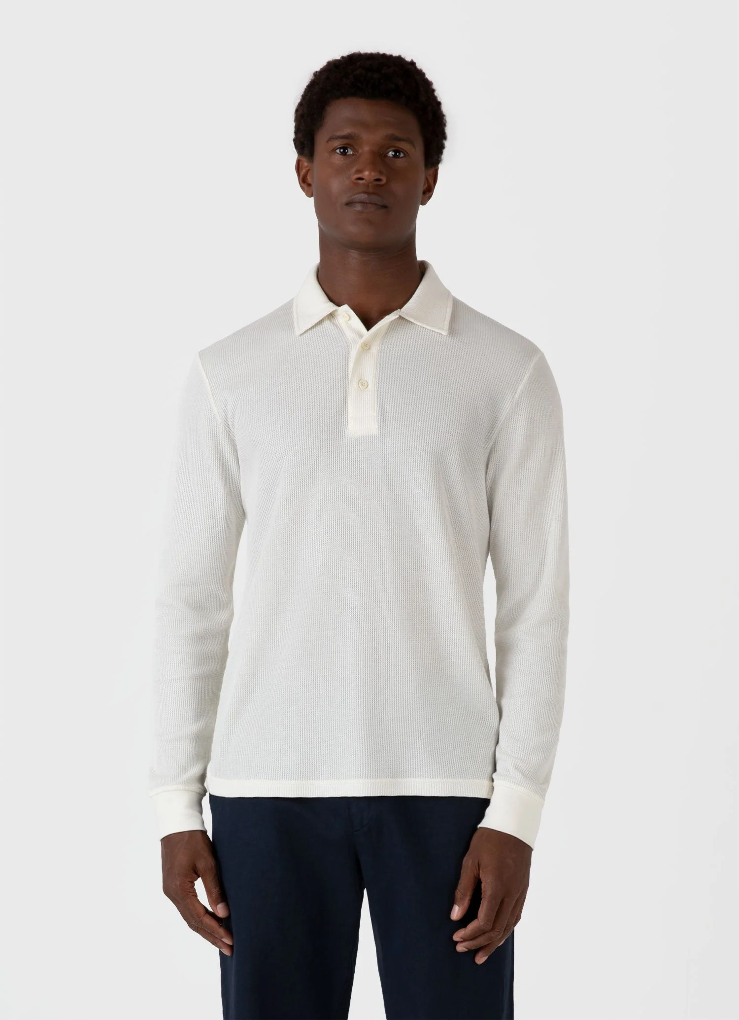 Men's Long Sleeve Waffle Polo Shirt in Ecru - Image 2
