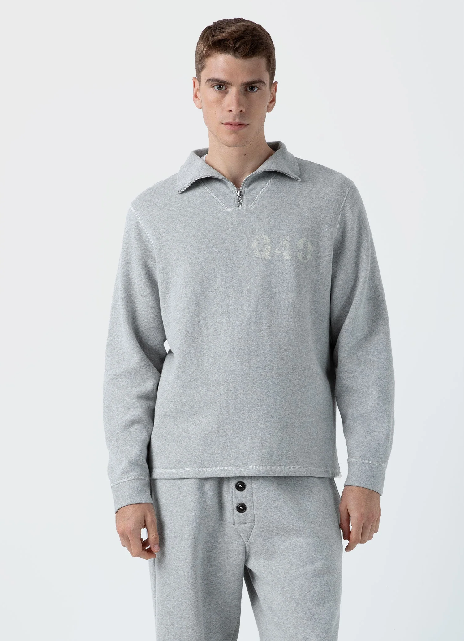 Men's Sunspel x Nigel Cabourn Half Zip Sweatshirt in Light Grey Melange - Image 2