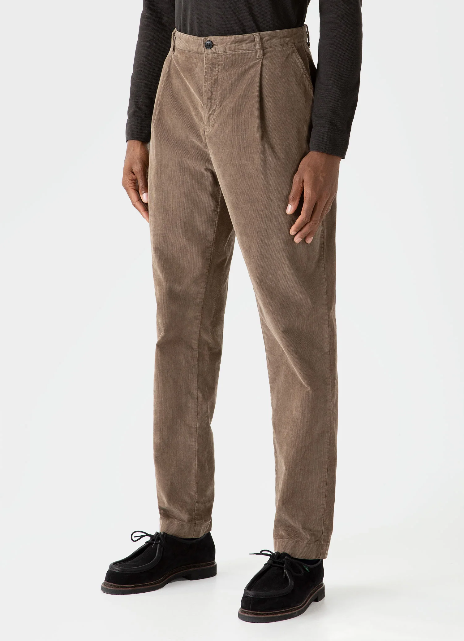 Men's Pleated Corduroy Trouser in Dark Stone - Image 3