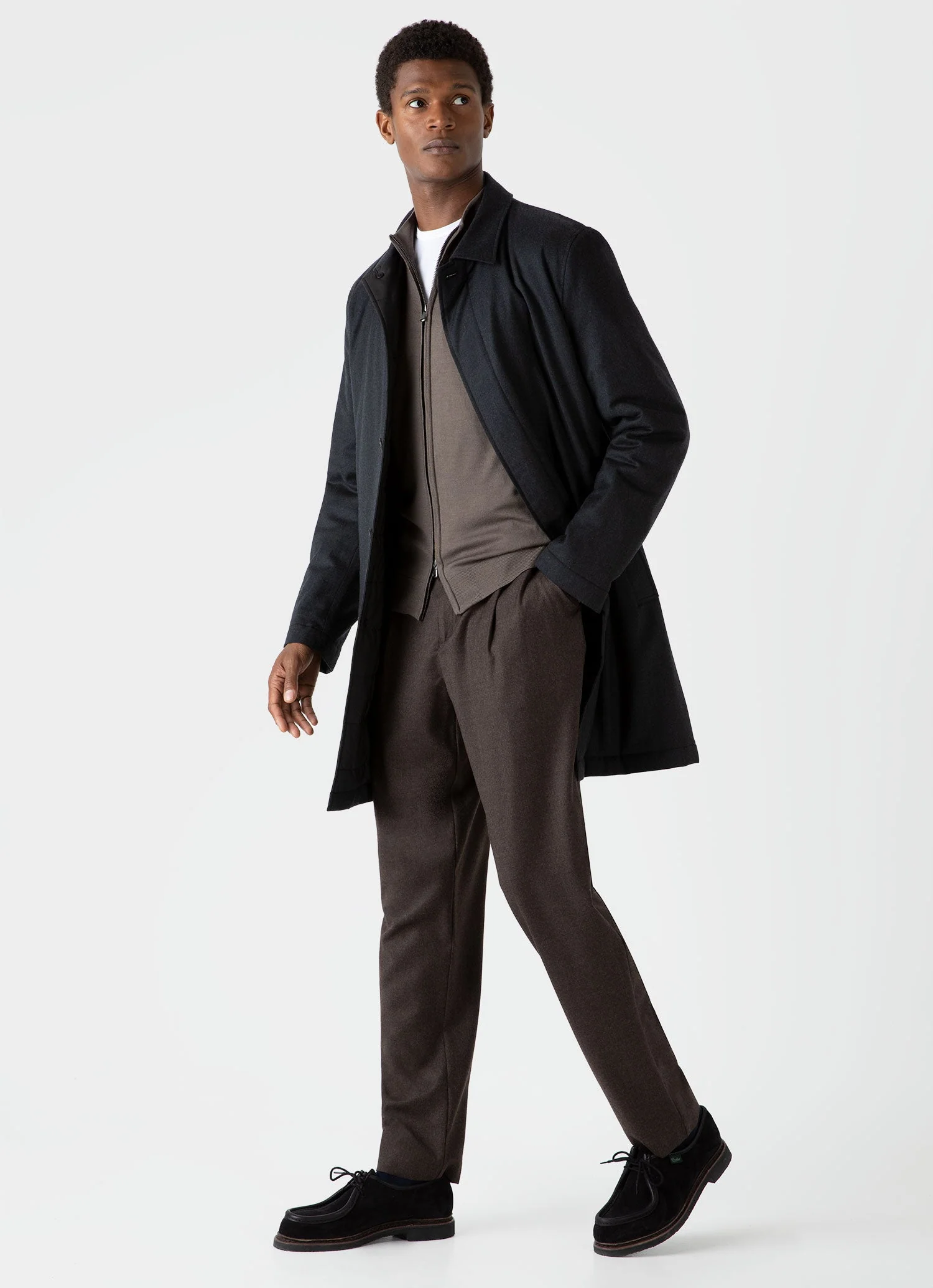 Men's Pleated Wool Flannel Trouser in Dark Brown Melange - Image 2