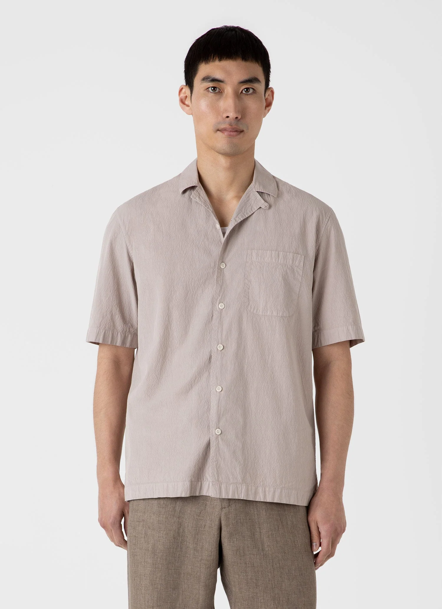 Men's Seersucker Camp Collar Shirt in Light Sand - Image 2