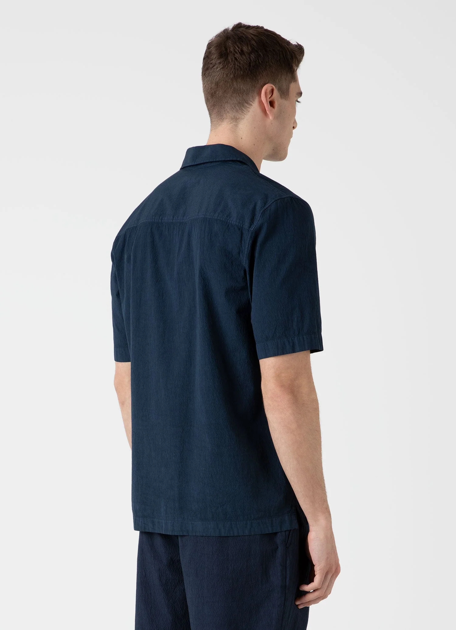 Men's Seersucker Camp Collar Shirt in Navy - Image 5