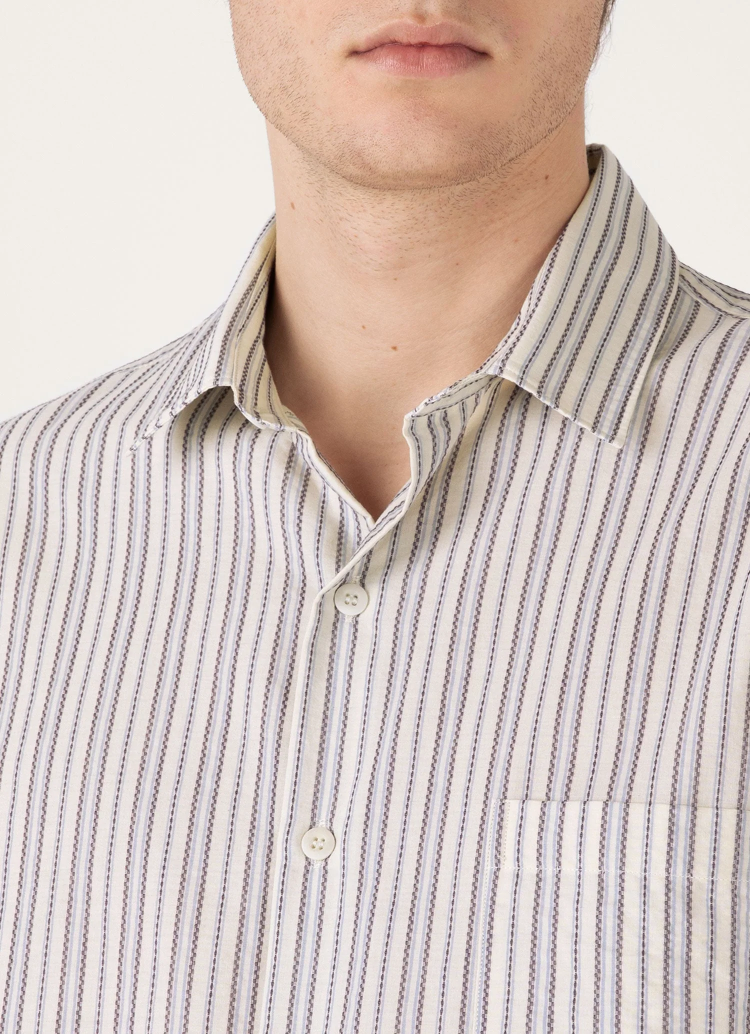 Men's Short Sleeve Vintage Stripe Shirt in Soft Denim/Ecru - Image 6