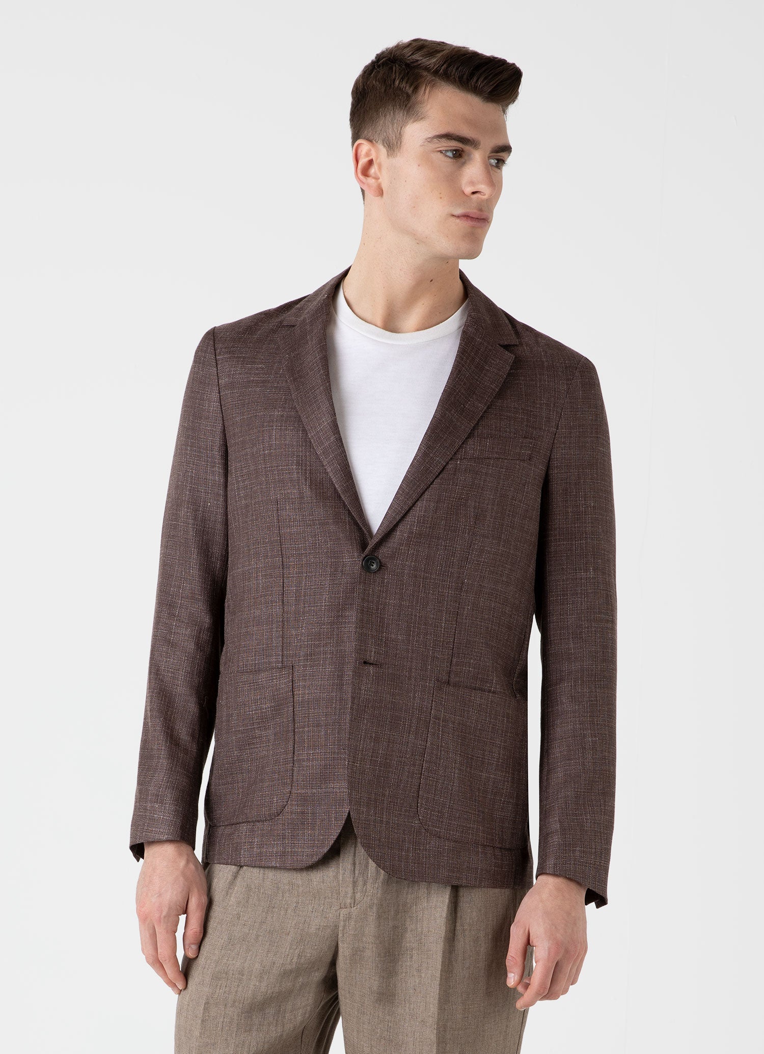 Men's Silk Linen Wool Blazer in Dark Sand - Image 2