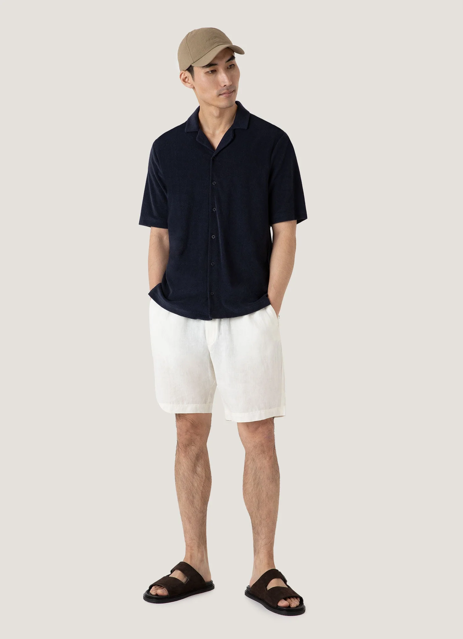 Men's Towelling Camp Collar Shirt in Navy - Image 3