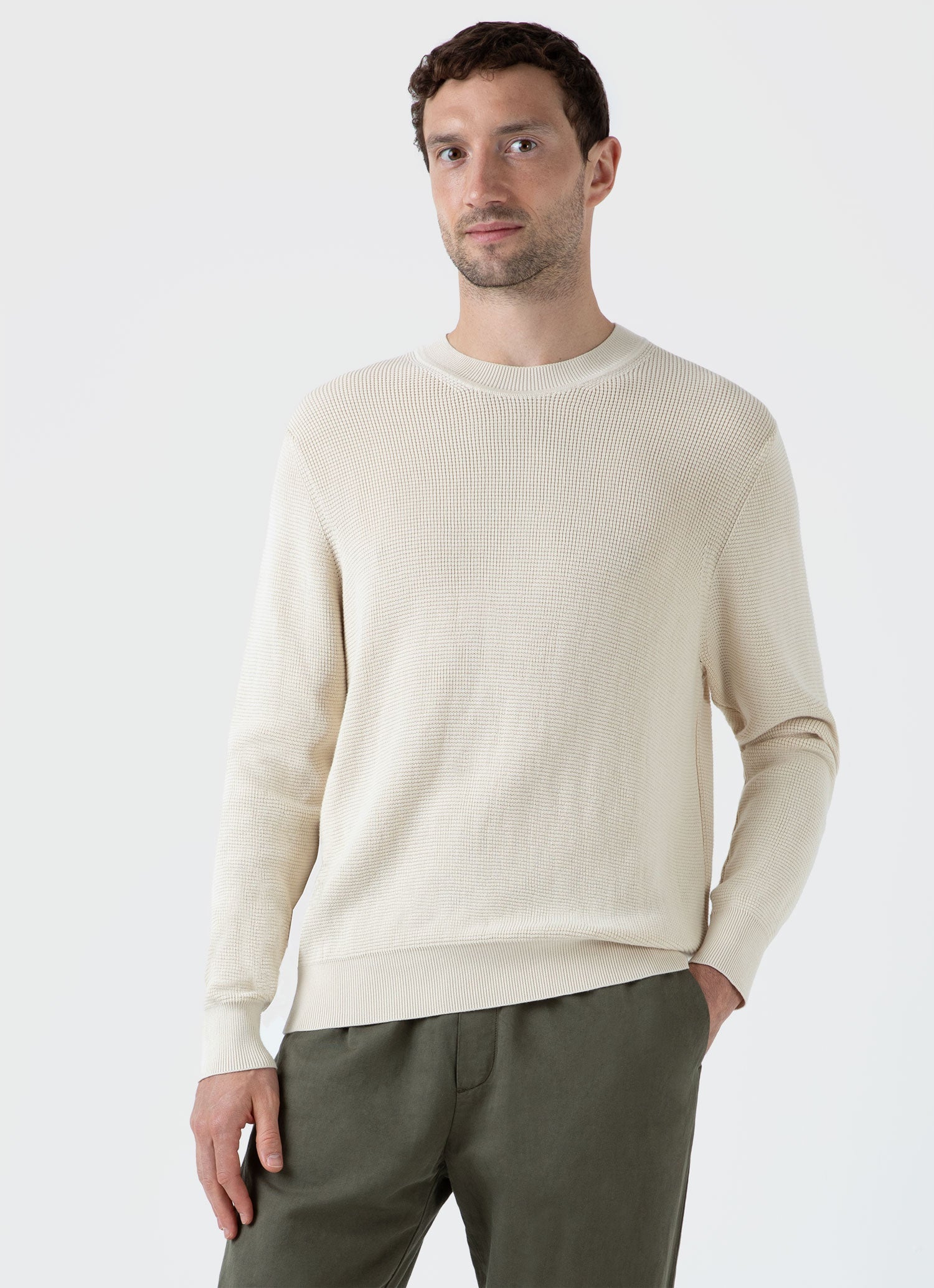 Men's Waffle Stitch Crew Neck Jumper in Ecru - Image 2