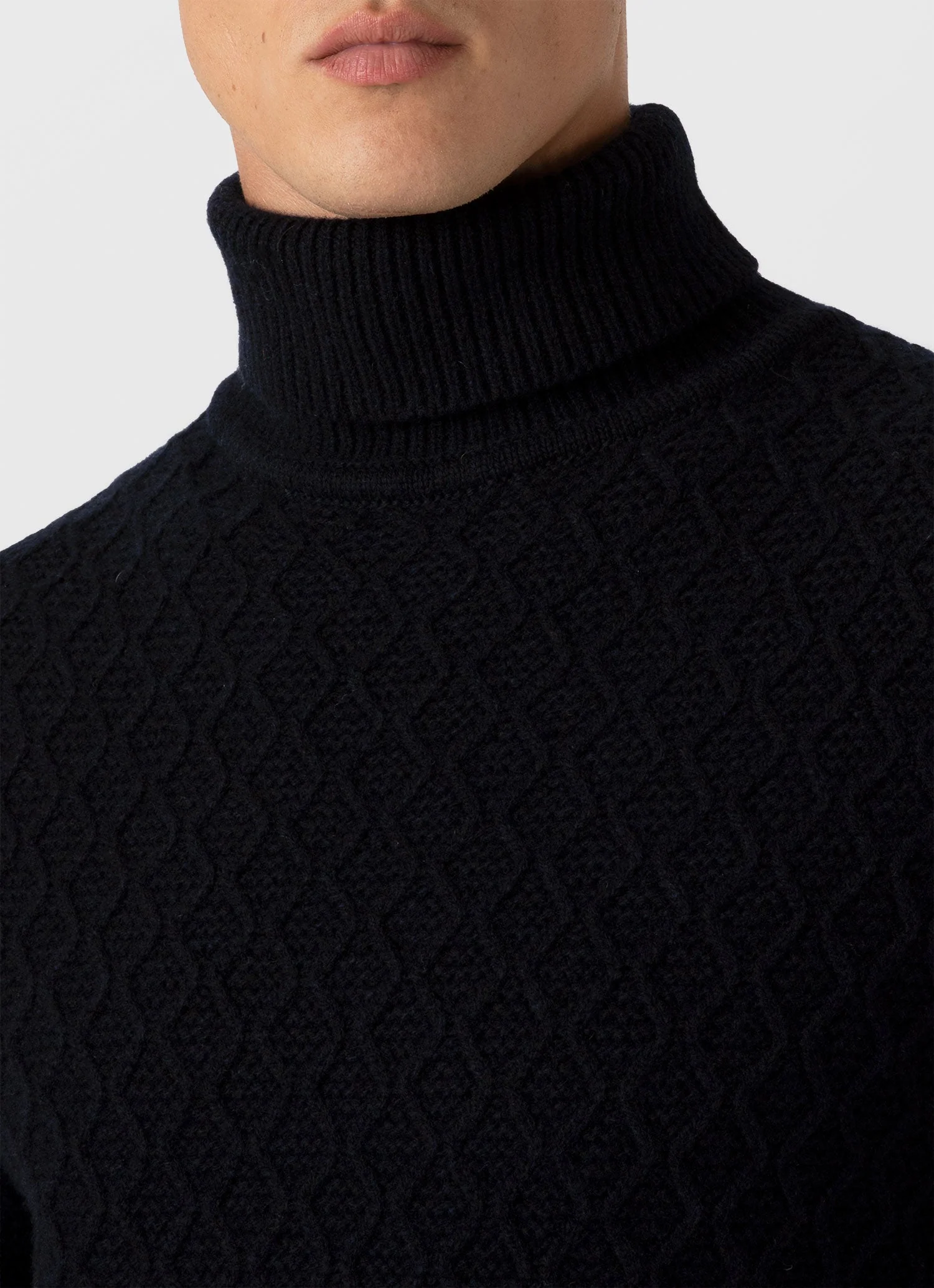 Men's WM Brown Aran Roll Neck in Dark Navy Mouline - Image 6