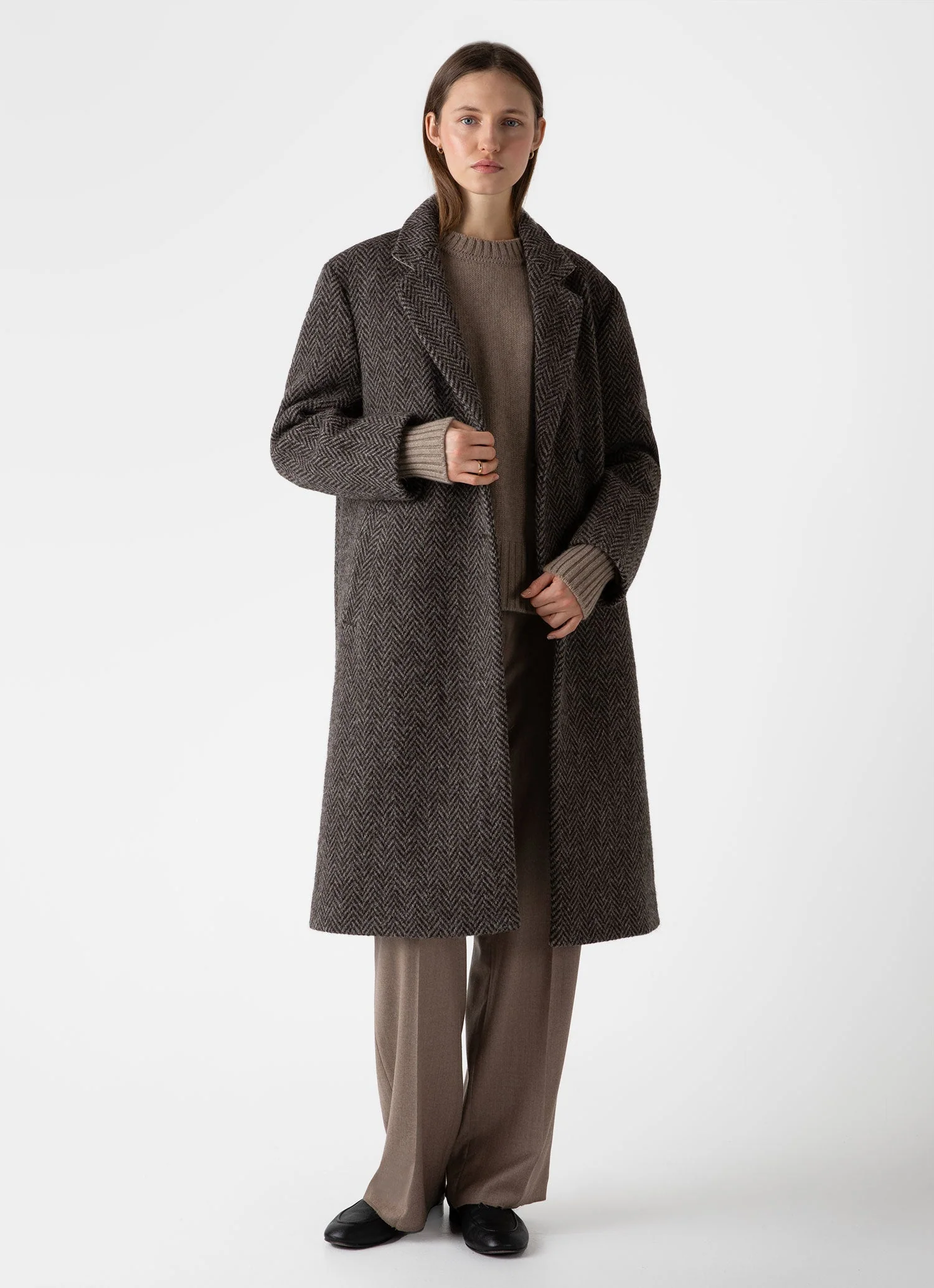 Women's British Wool Coat in Brown Herringbone - Image 3