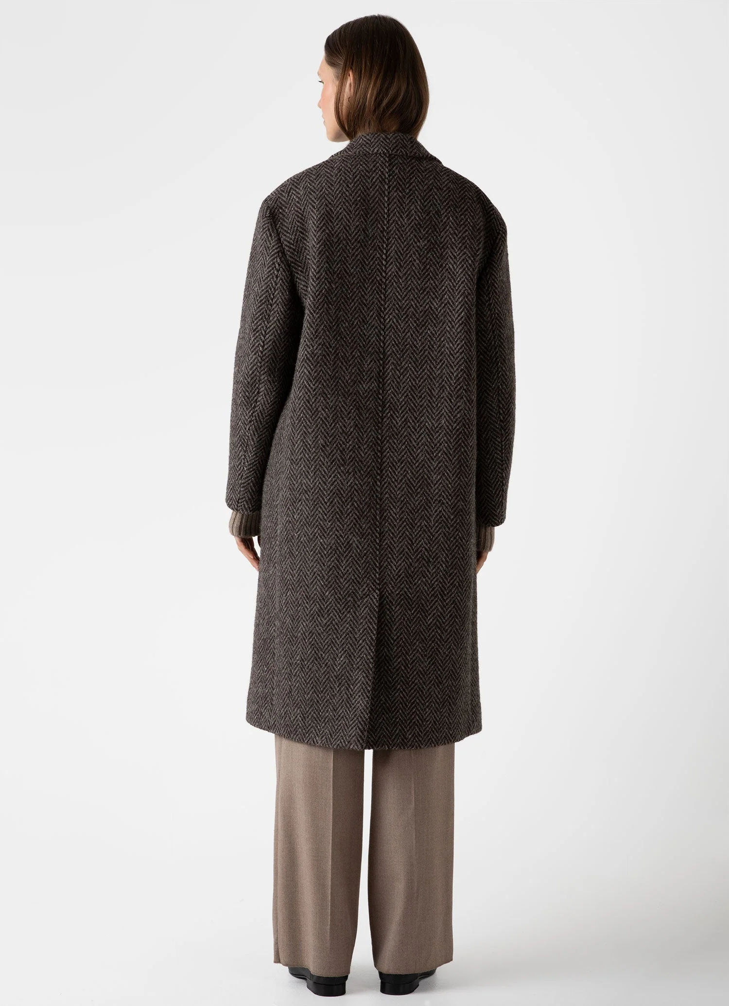 Women's British Wool Coat in Brown Herringbone - Image 4